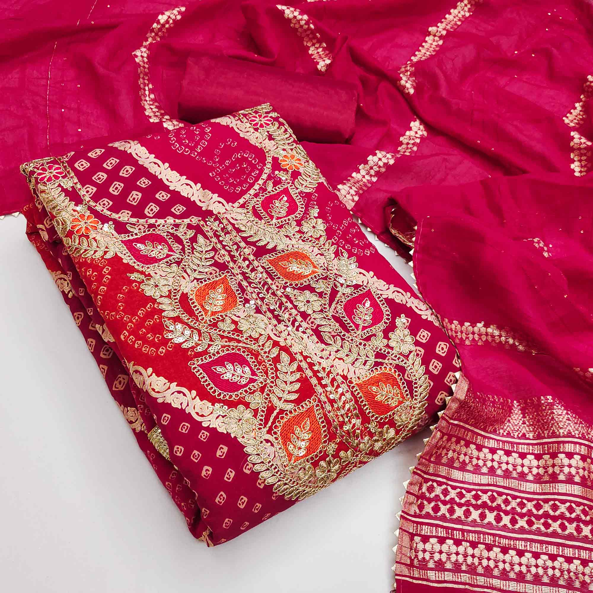 Classic Rani Pink Roman Art Silk Dress Material With Bandhani Prints & Floral Cording Embroidery