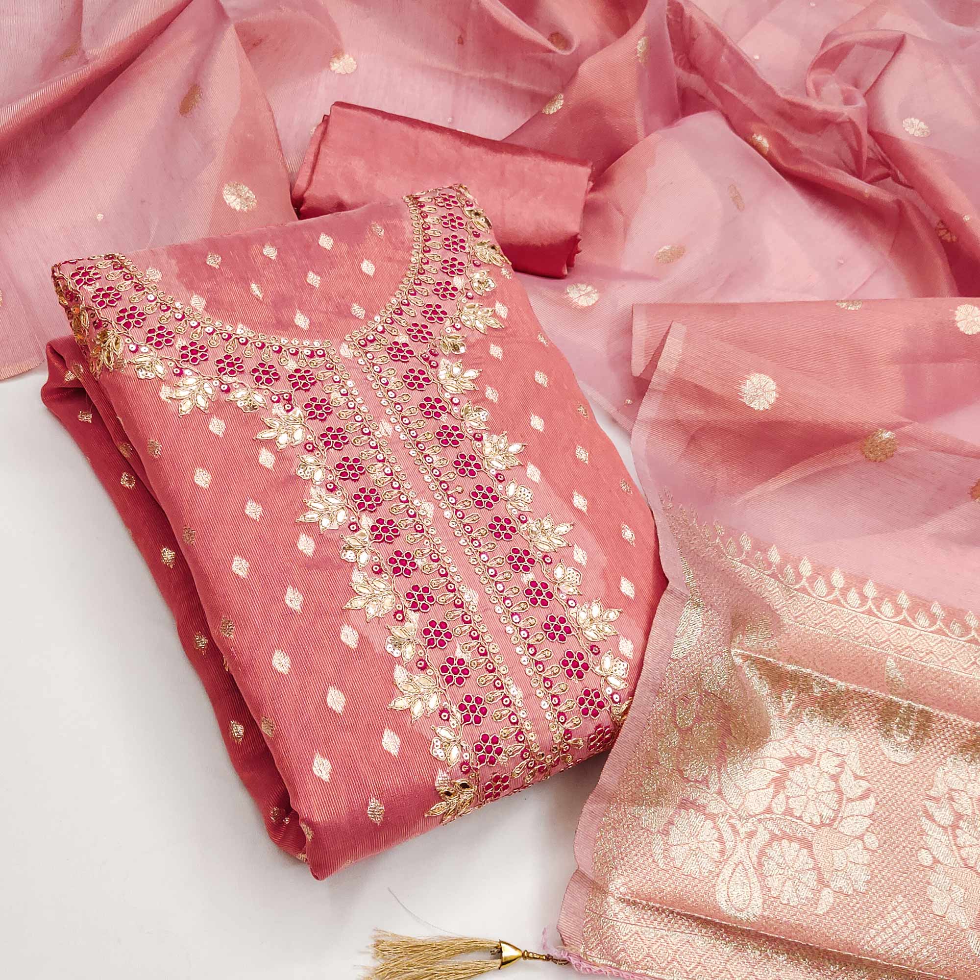 Radiant Peach Jacquard Butti Shimmer Silk Dress Material With Elegant Cording Sequins Embroidery