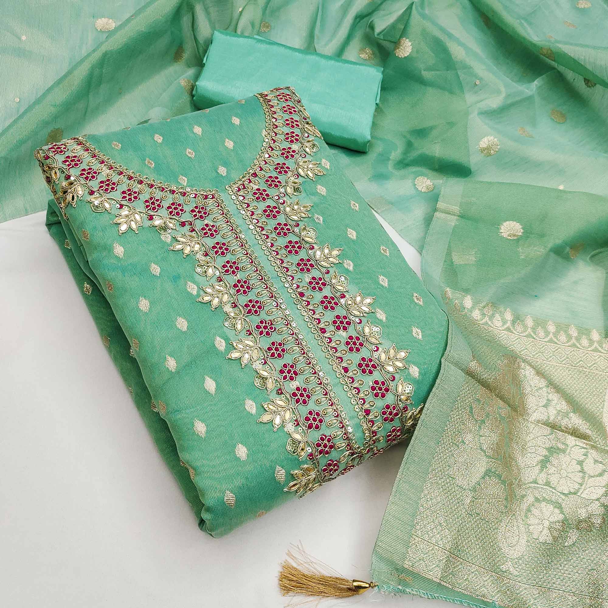 Radiant Turquoise Jacquard Butti Shimmer Silk Dress Material With Elegant Cording Sequins Embroidery