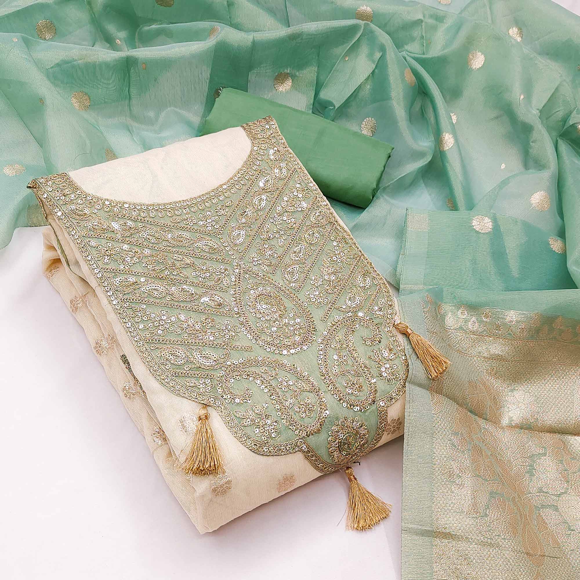 Cream & Turquoise Butti Weaving Shimmer Silk Dress Material Accented With Sequin Cording Embroidery