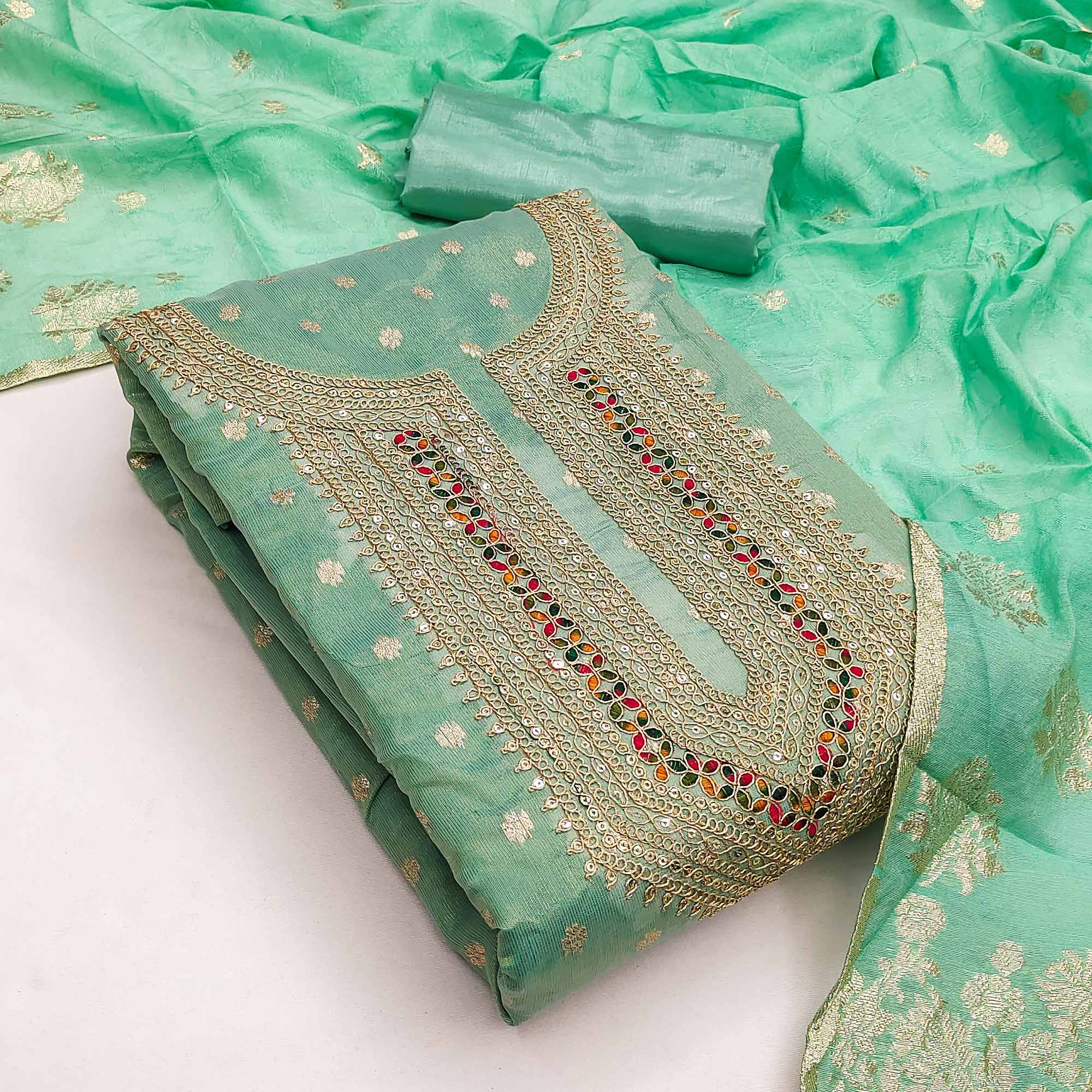 Exclusive Turquoise Floral Butti Weaving Shimmer Silk Dress Material With Cording Sequin Embroidery