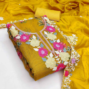 Designer Mustard Floral Digital Printed Shimmer Silk Dress Material Featuring Embroidery Work
