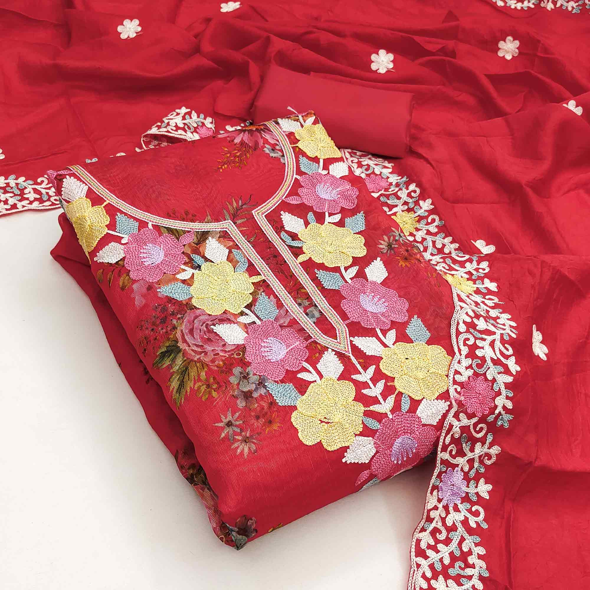 Designer Red Floral Digital Printed Shimmer Silk Dress Material Featuring Embroidery Work