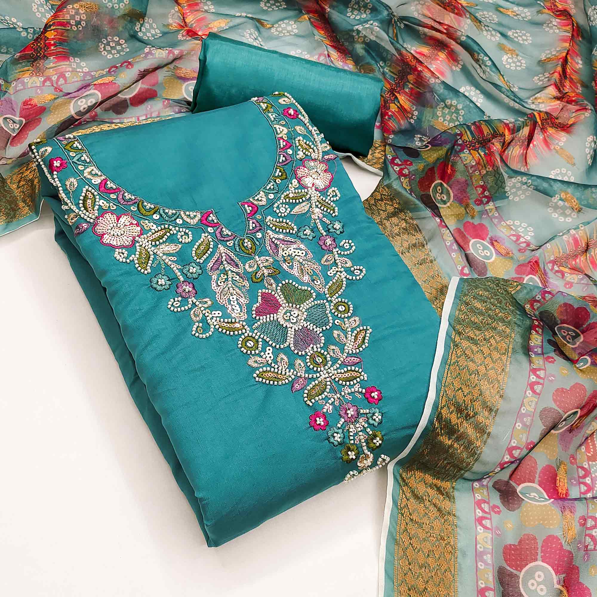 Exclusive Rama Blue Floral Embroidery Art Silk Dress Material With Sequins & Beads Work