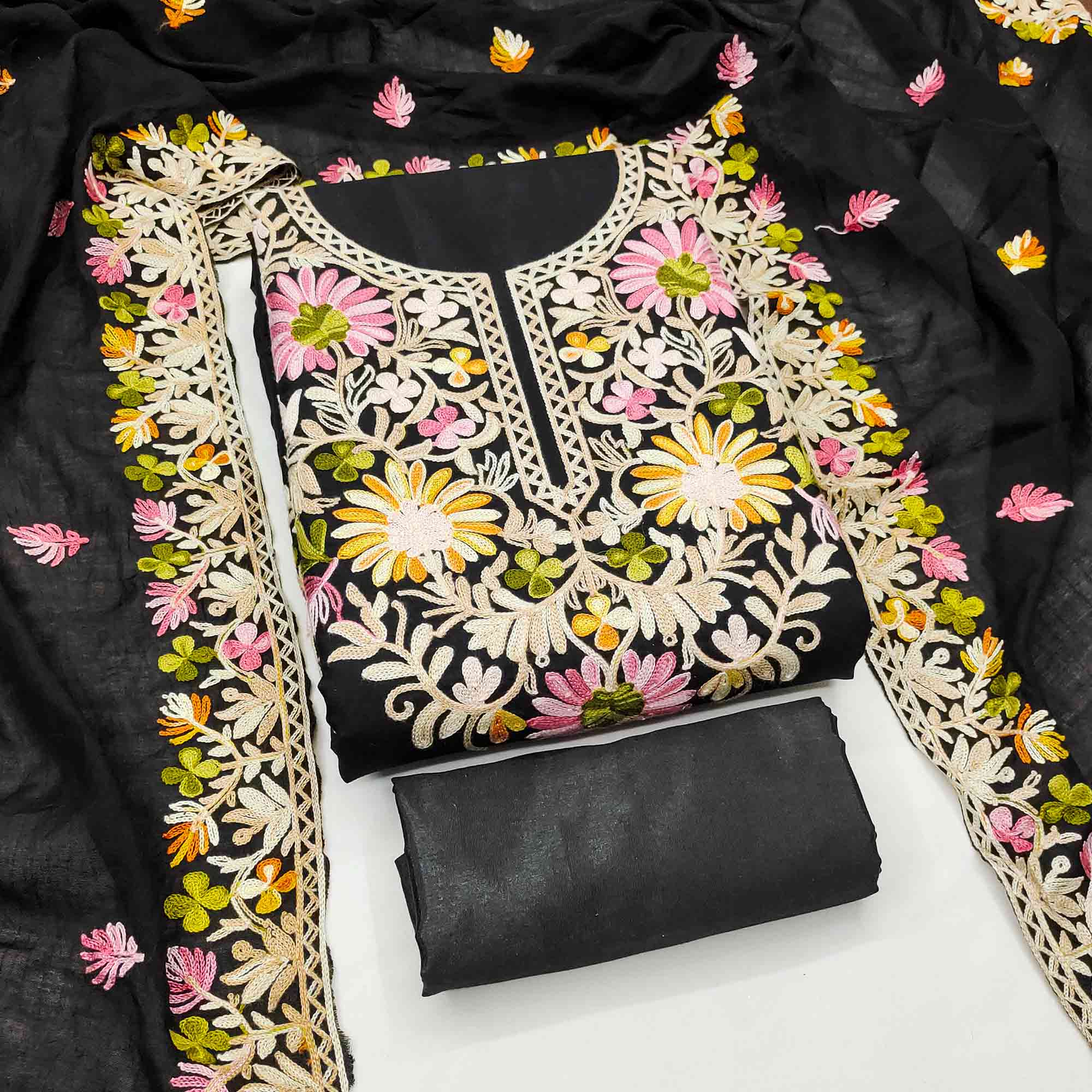 Black Designer Roman Art Silk Dress Material Adorned With Floral Thread Embroidery Work