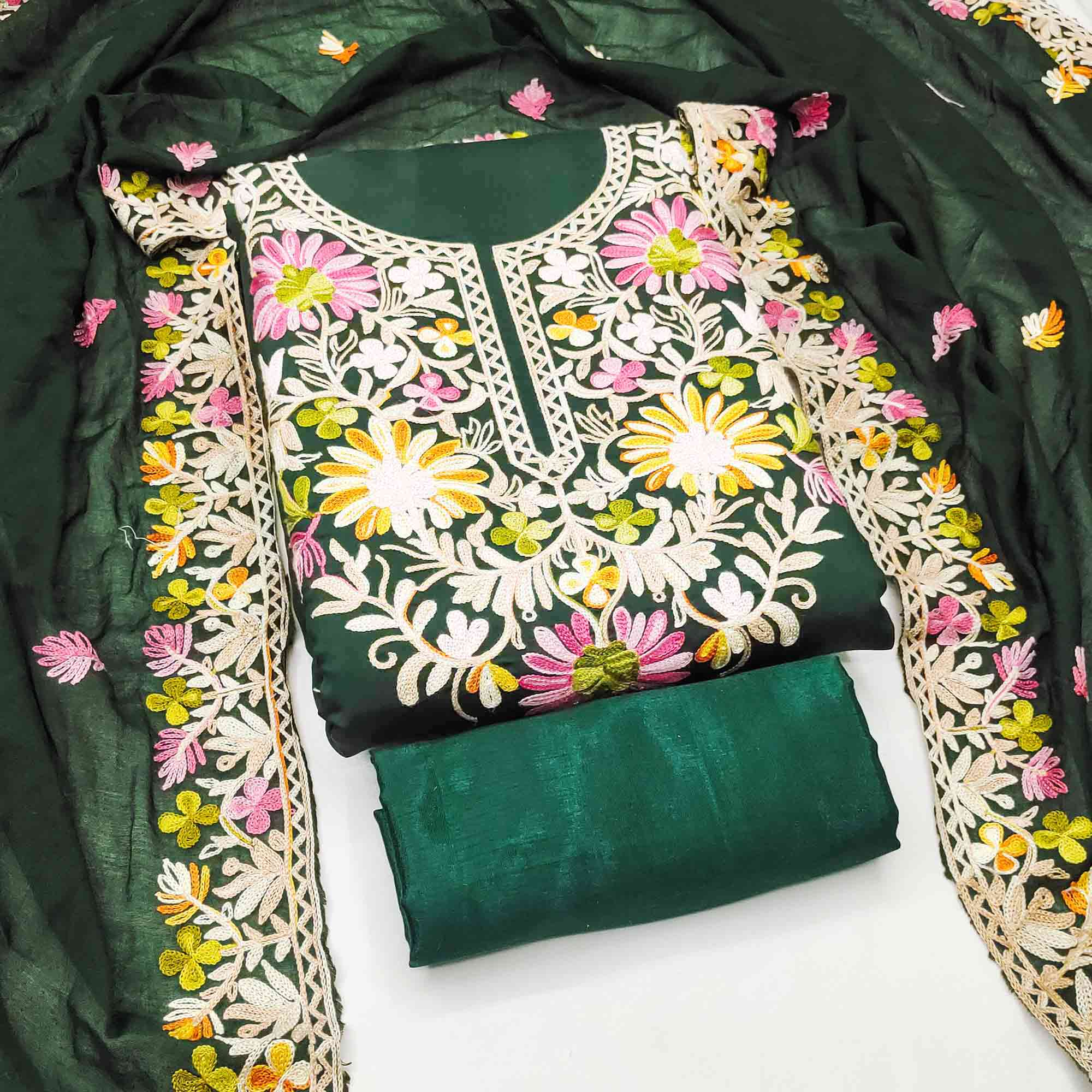 Bottle Green Designer Roman Art Silk Dress Material Adorned With Floral Thread Embroidery Work