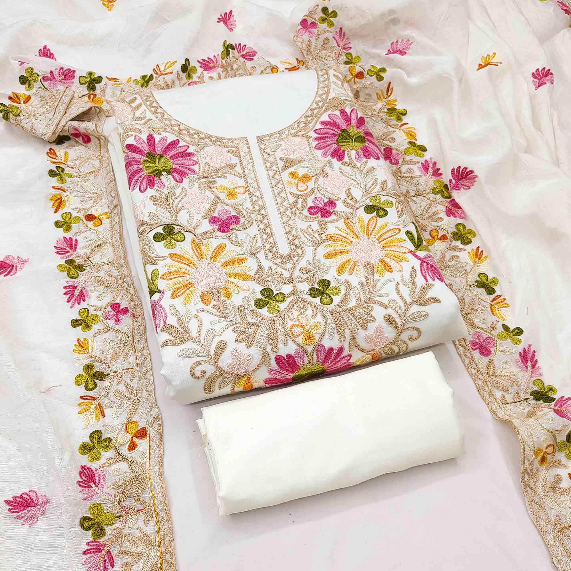 Offwhite Designer Roman Art Silk Dress Material Adorned With Floral Thread Embroidery Work