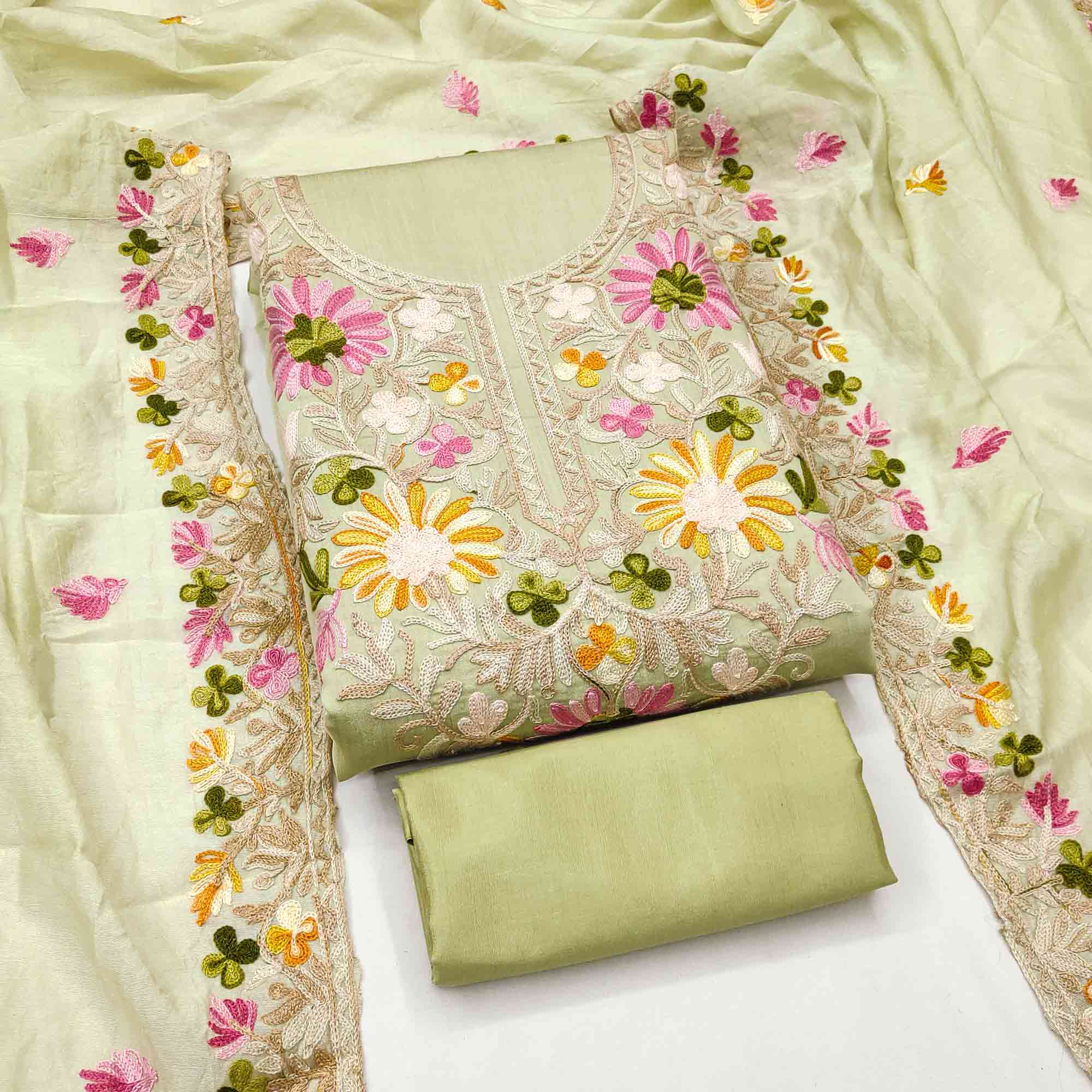 Pista Green Designer Roman Art Silk Dress Material Adorned With Floral Thread Embroidery Work