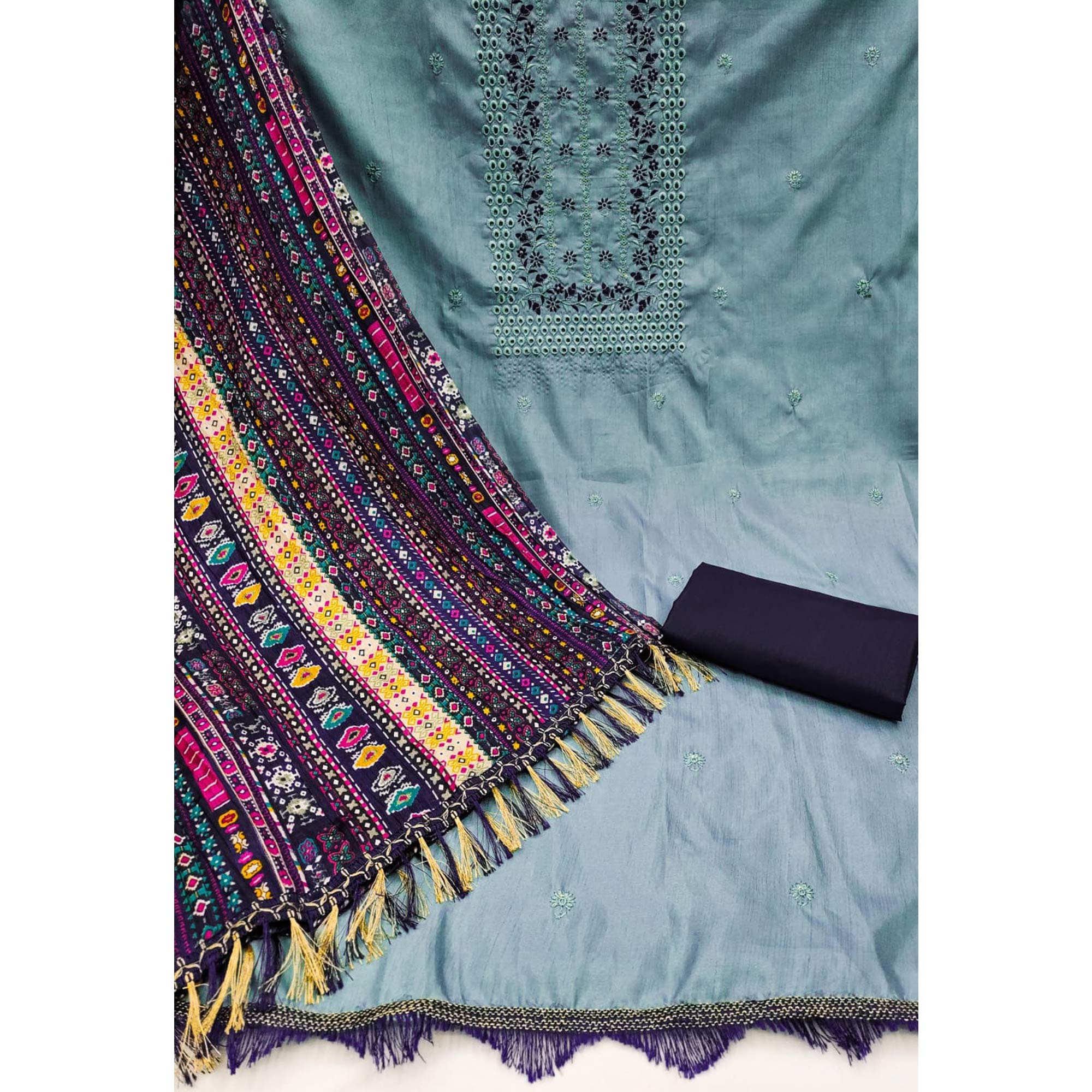 Blue Floral Embroidered Cotton Blend Dress Material