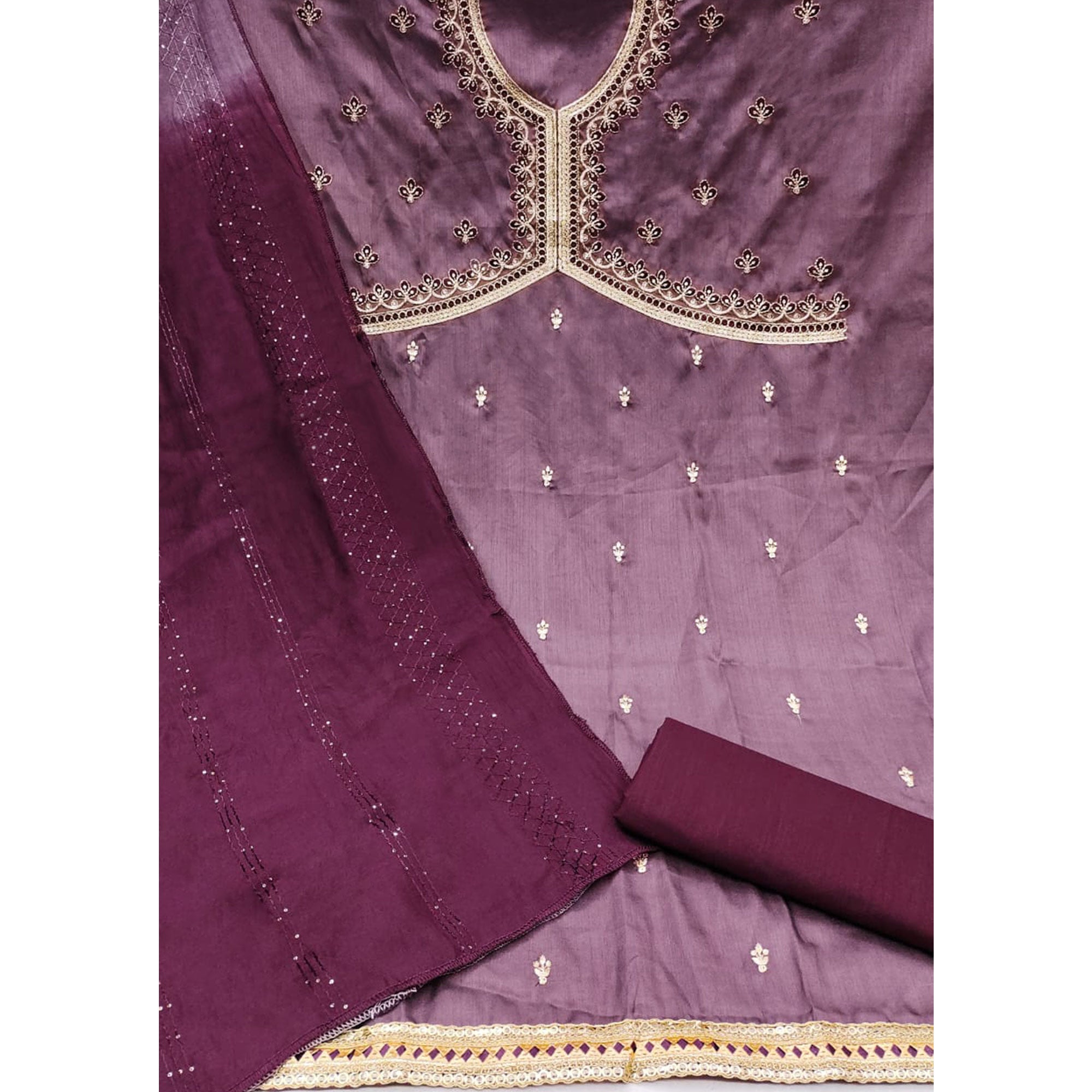 Purple Floral Embroidered Zoya Silk Dress Material