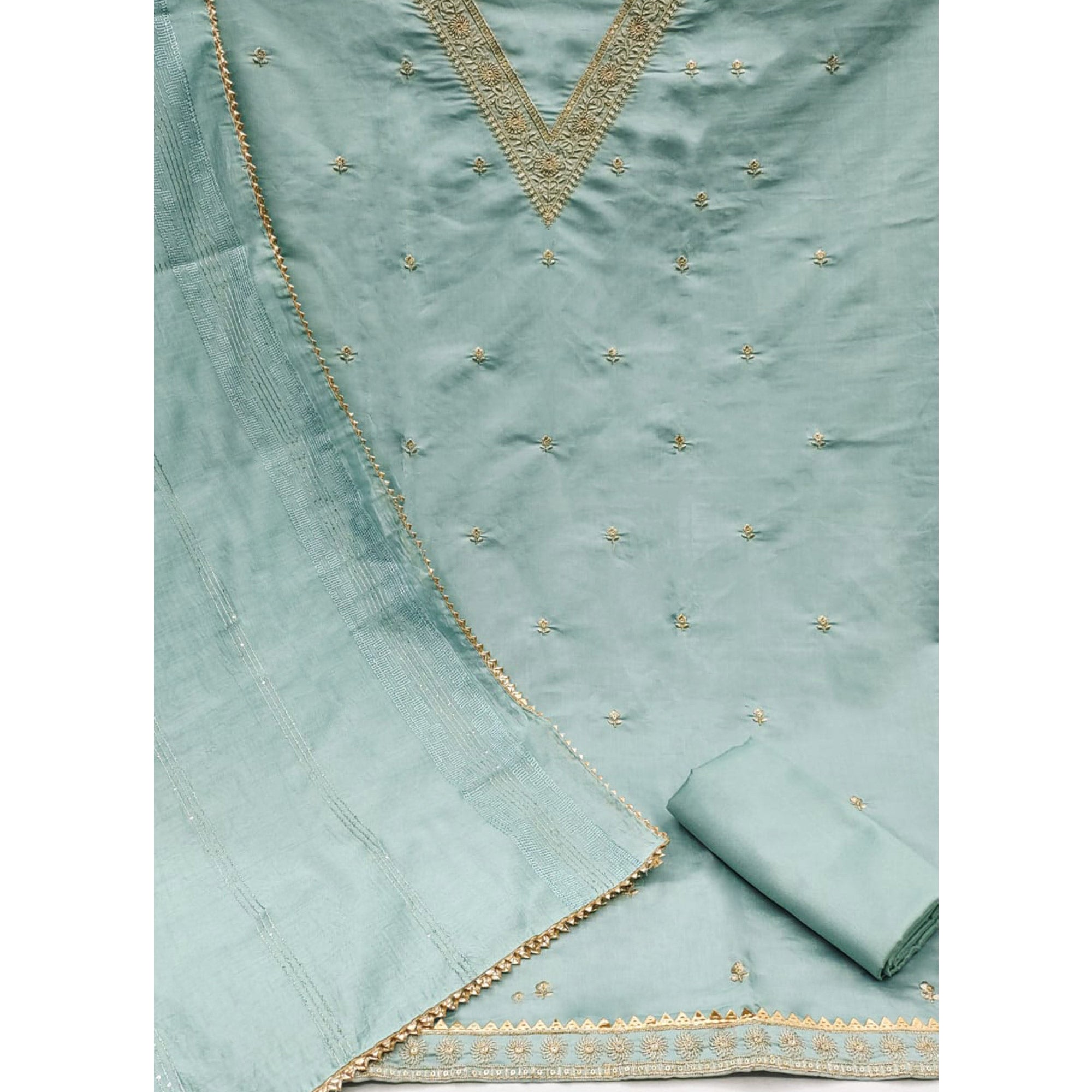 Blue Floral Embroidered Art Silk Dress Material