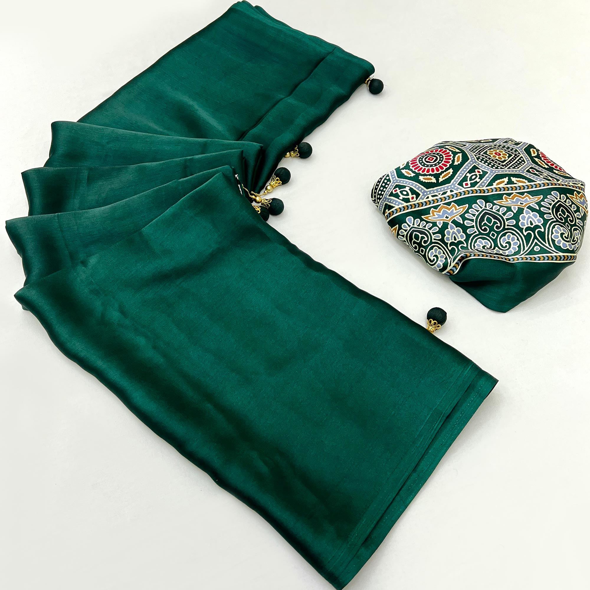 Green Ajrakh Printed Crepe Satin Saree With Tassels