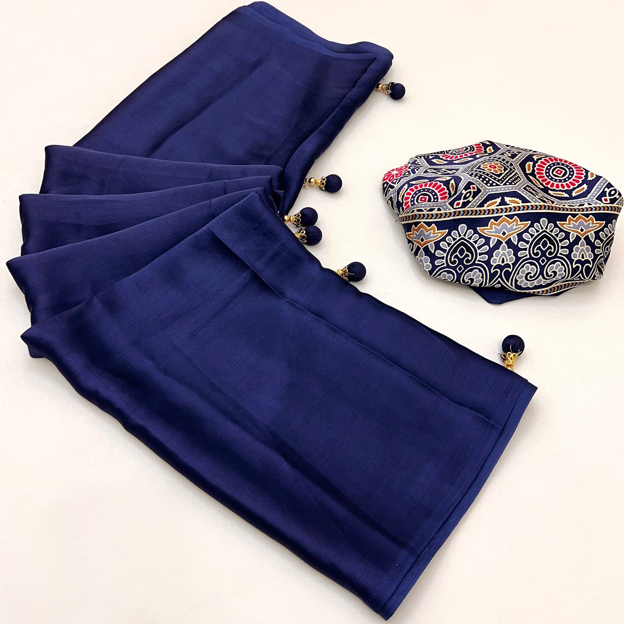 Navy Blue Ajrakh Printed Crepe Satin Saree With Tassels