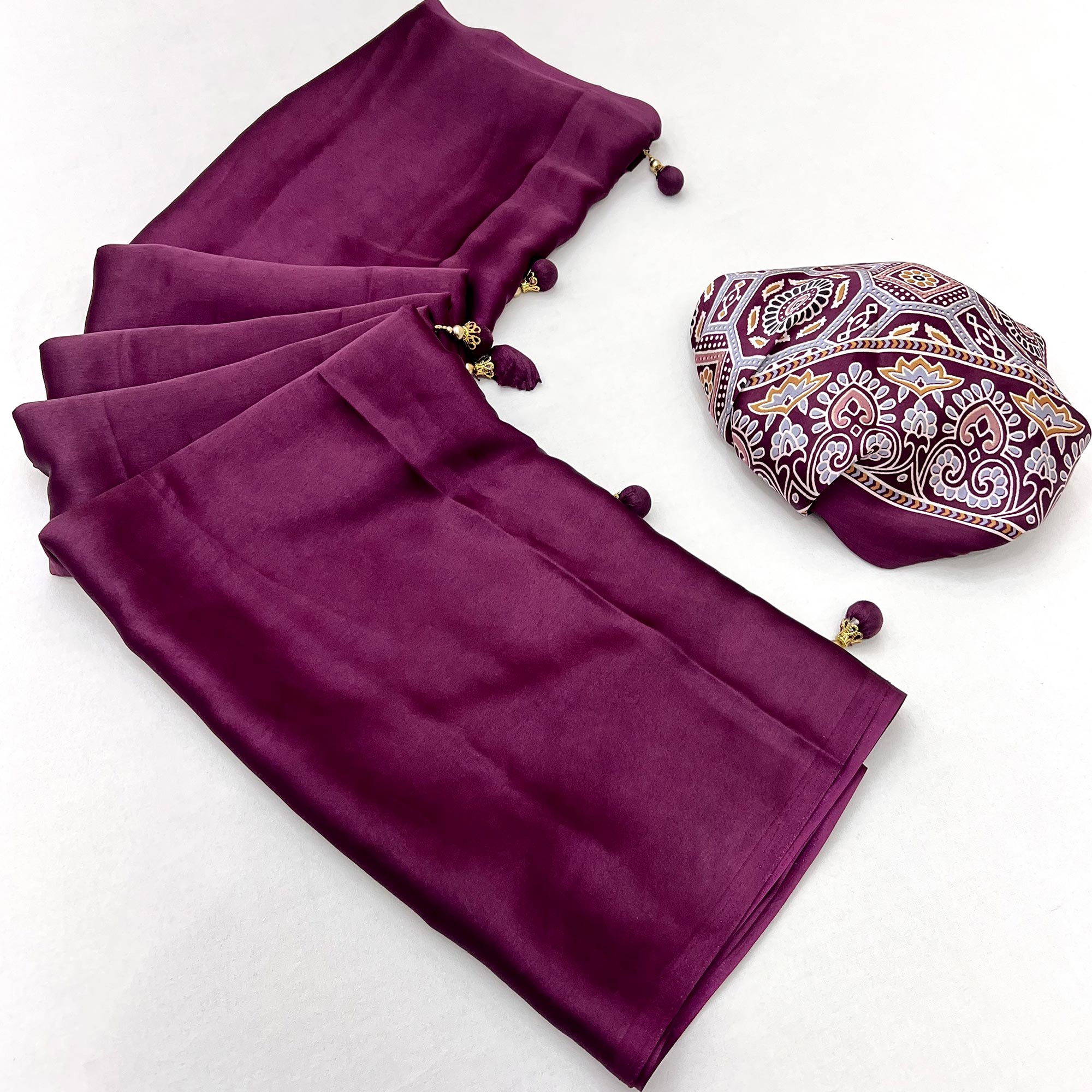 Purple Ajrakh Printed Crepe Satin Saree With Tassels