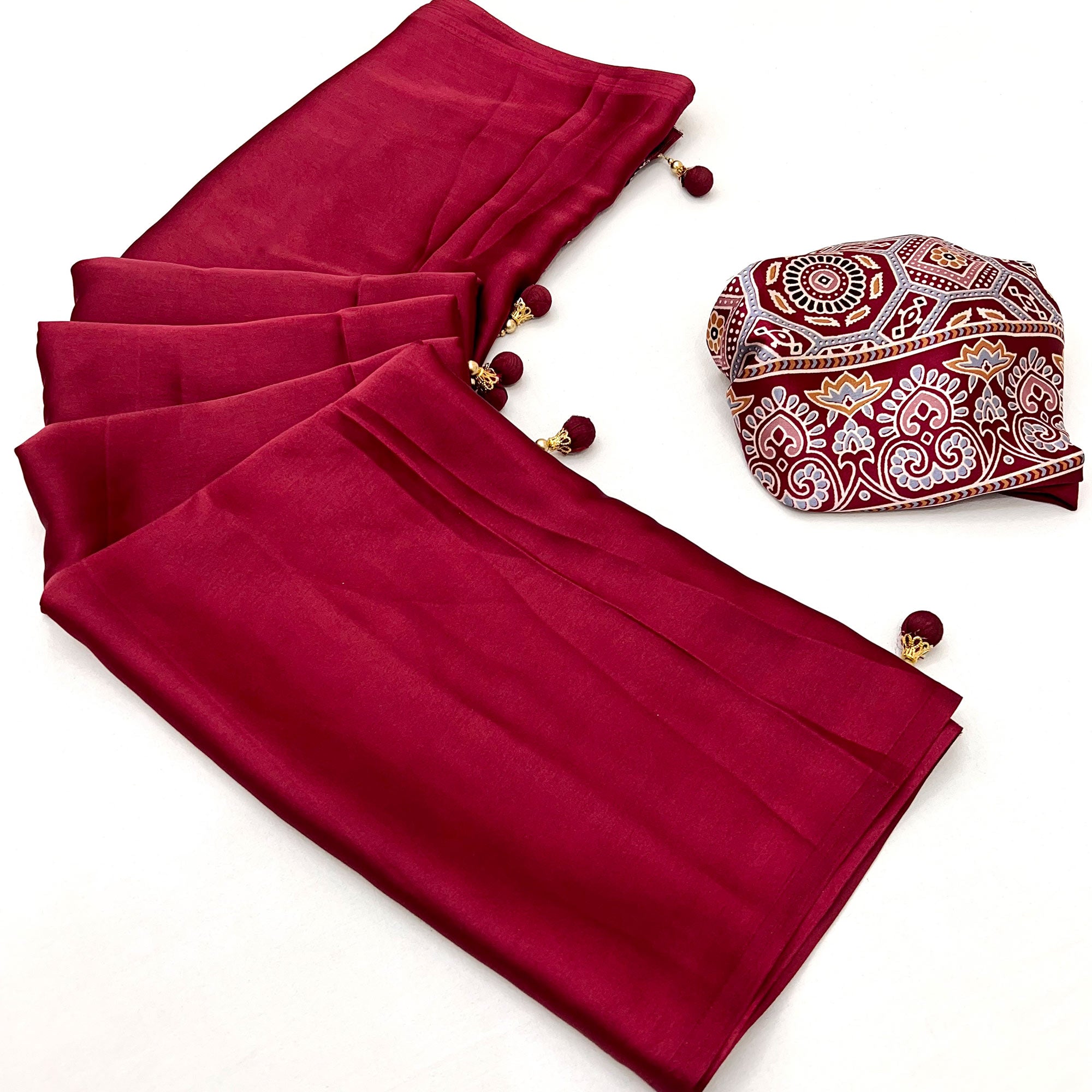 Red Ajrakh Printed Crepe Satin Saree With Tassels