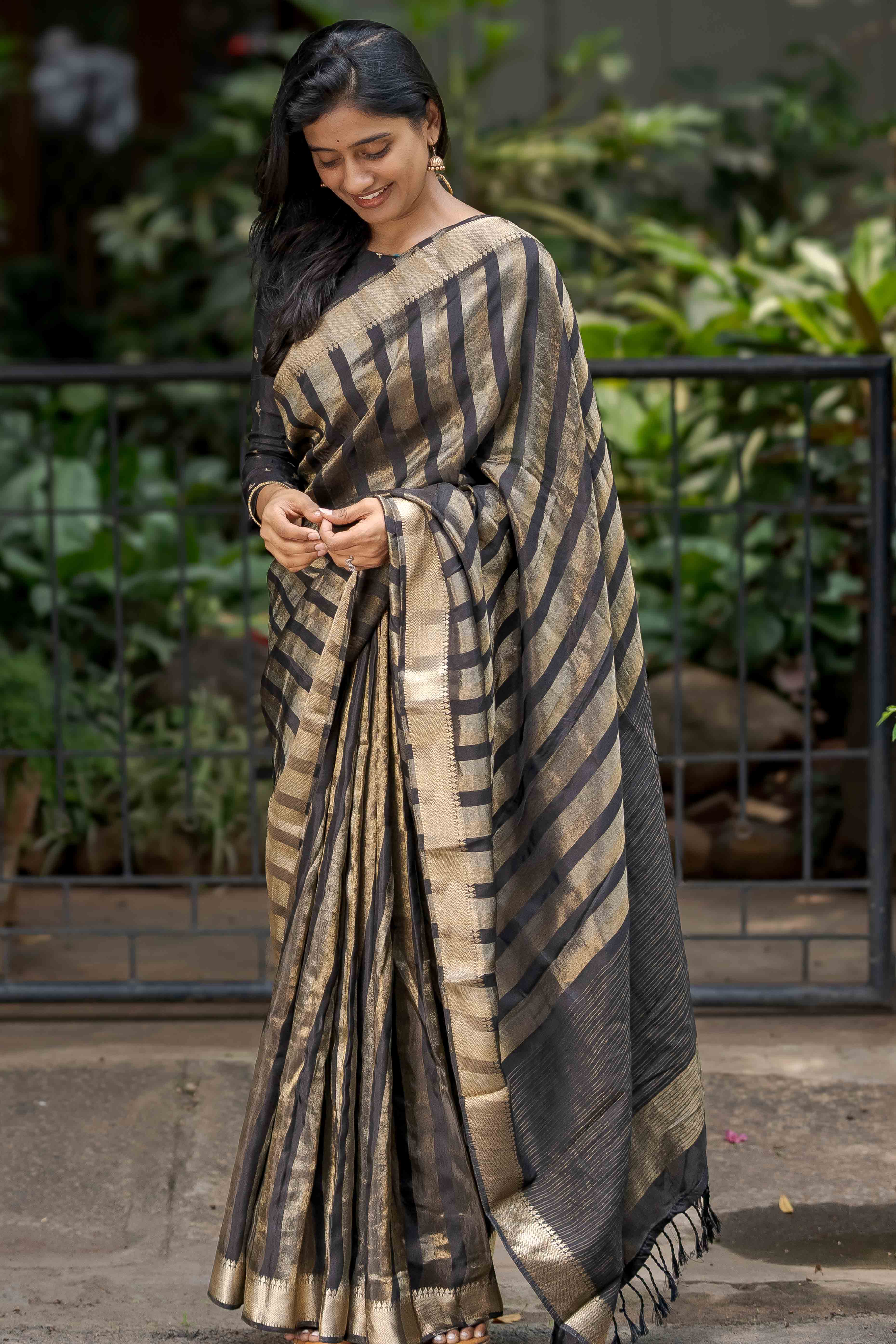 Black Zari Weaving Viscose Saree With Tassels