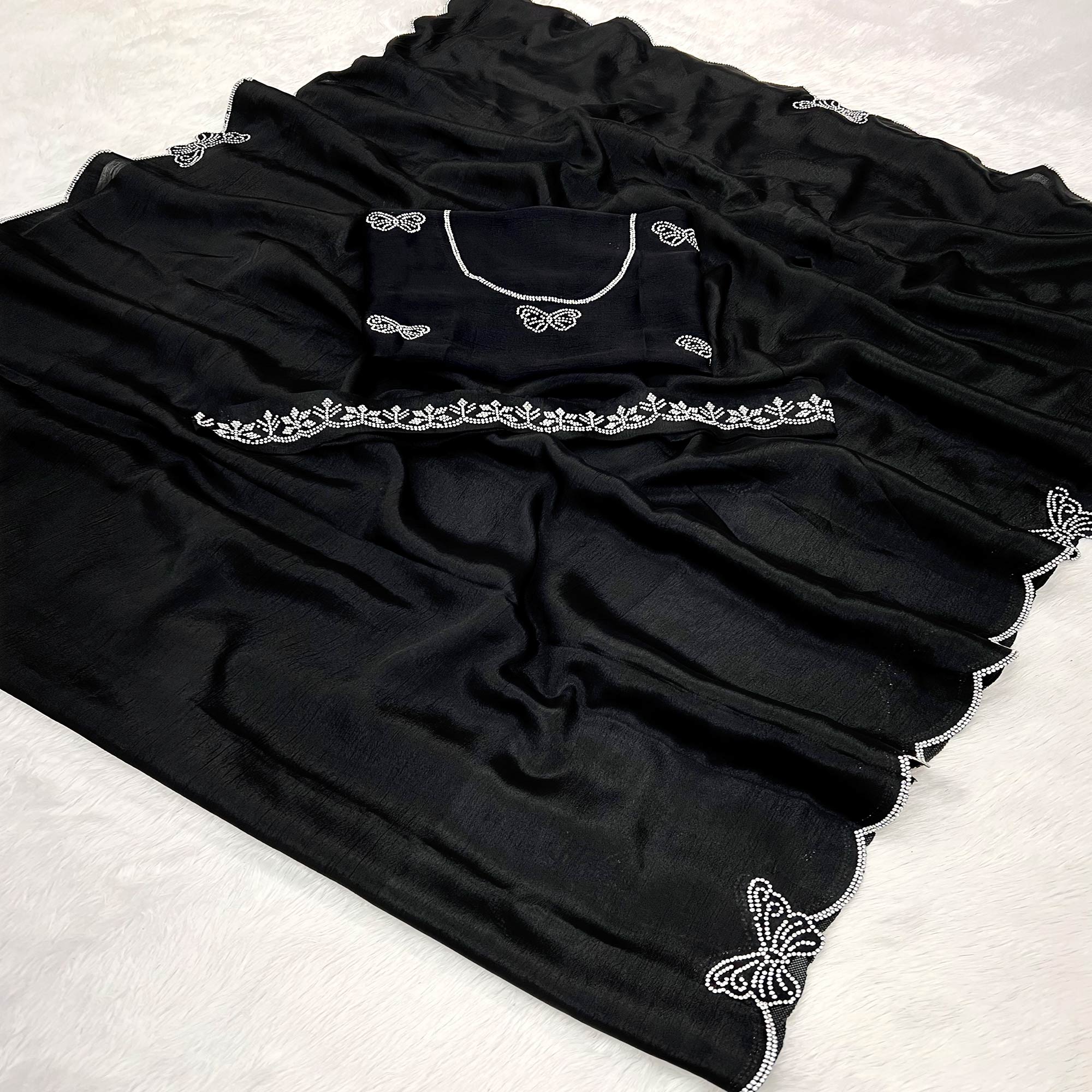 Black Stone Work Embroidered Chinon Saree