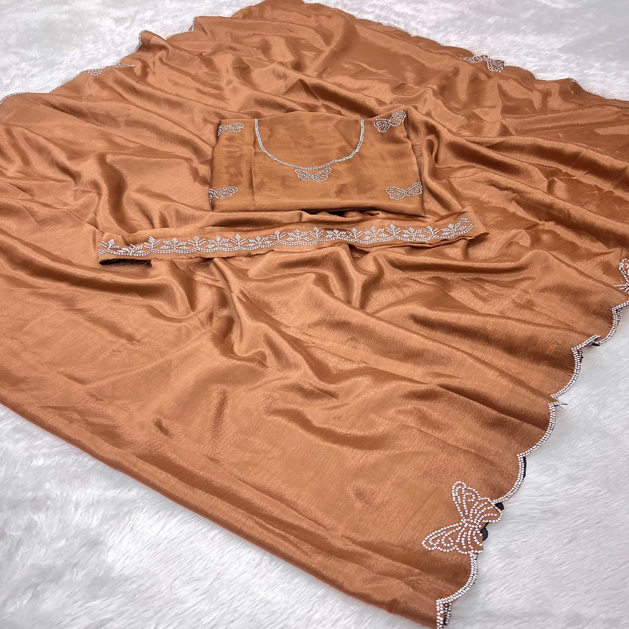 Brown Stone Work Embroidered Chinon Saree
