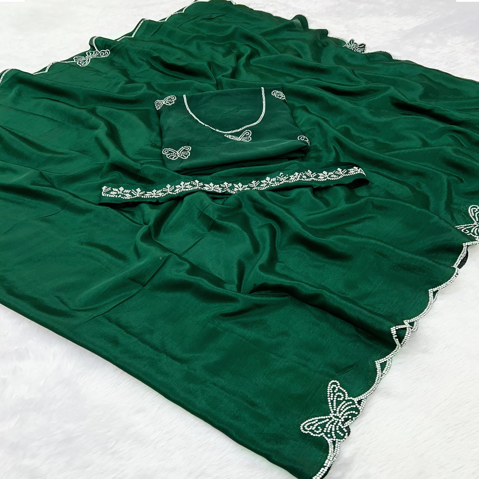 Green Stone Work Embroidered Chinon Saree