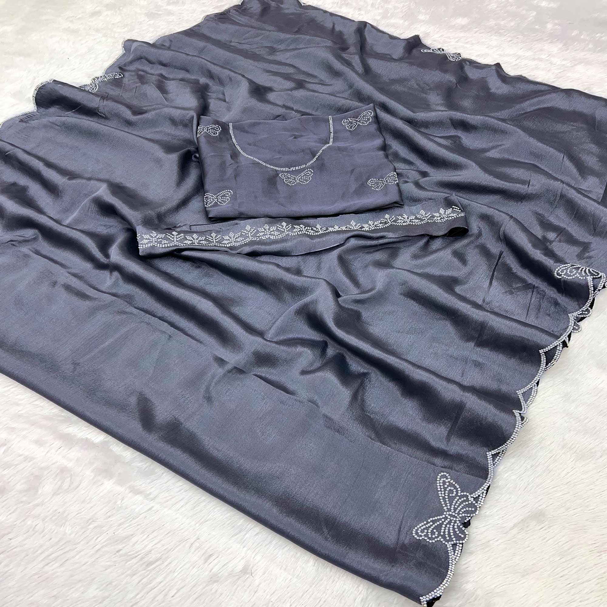 Grey Stone Work Embroidered Chinon Saree