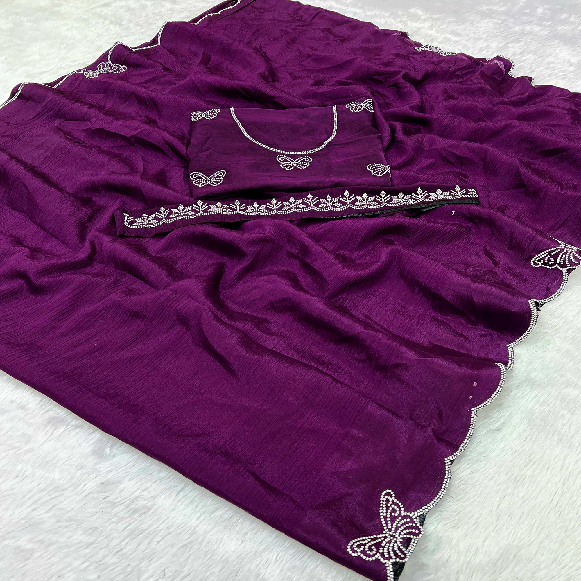 Purple Stone Work Embroidered Chinon Saree