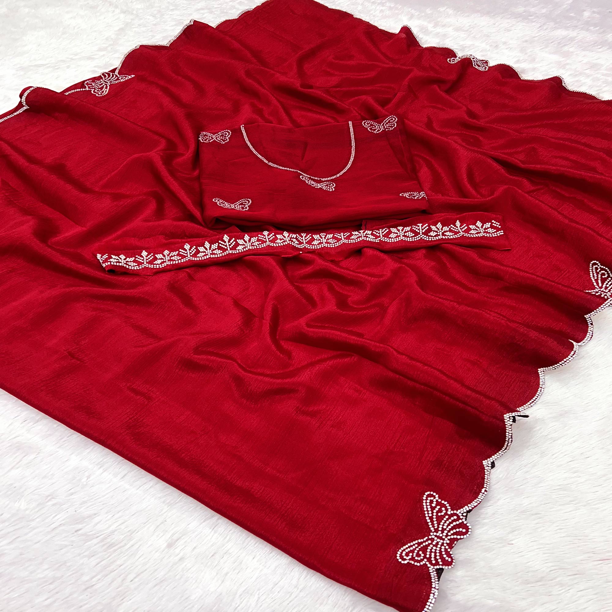 Red Stone Work Embroidered Chinon Saree