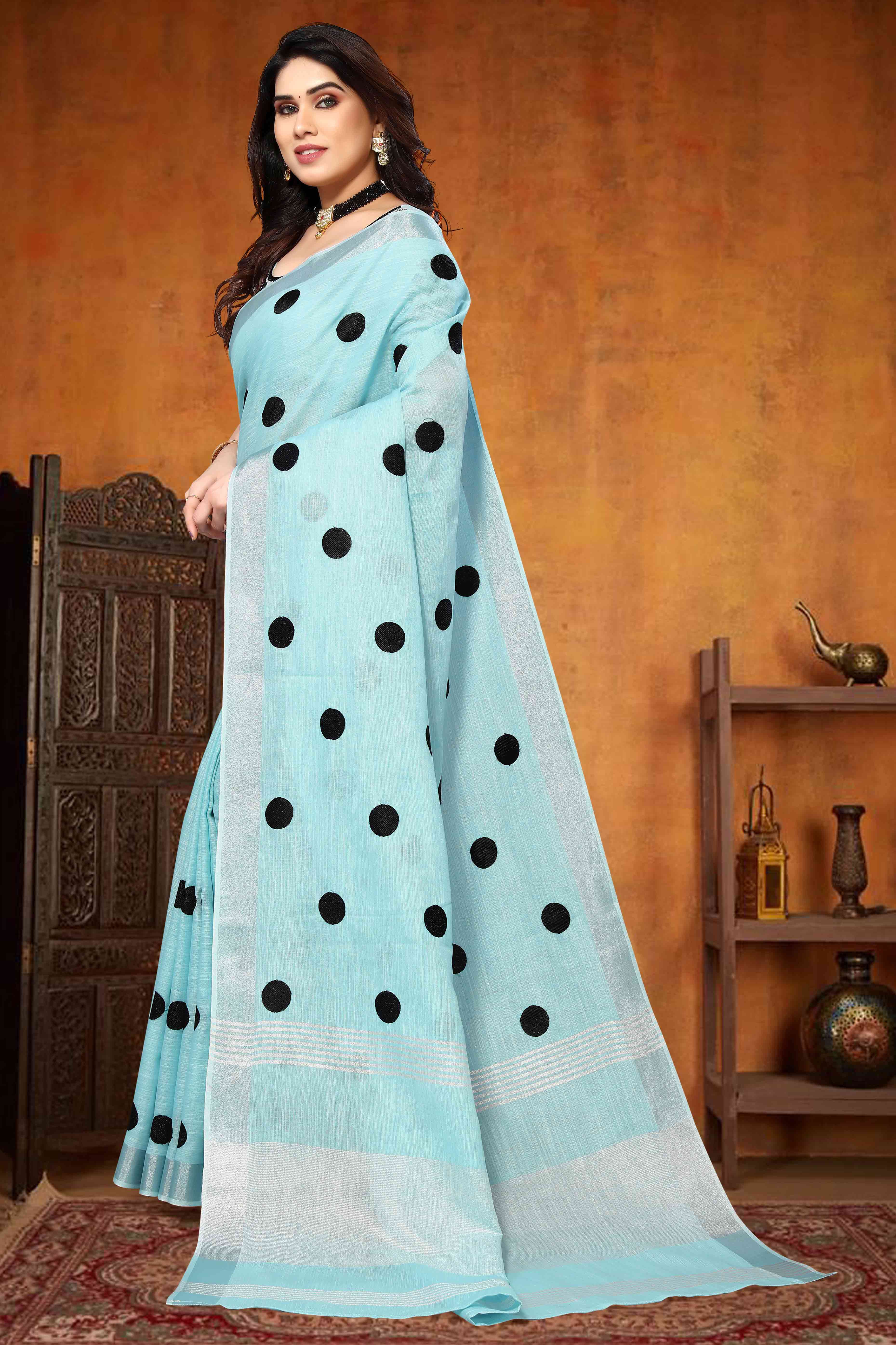 Blue Embroidered Linen Cotton Saree With Zari Border