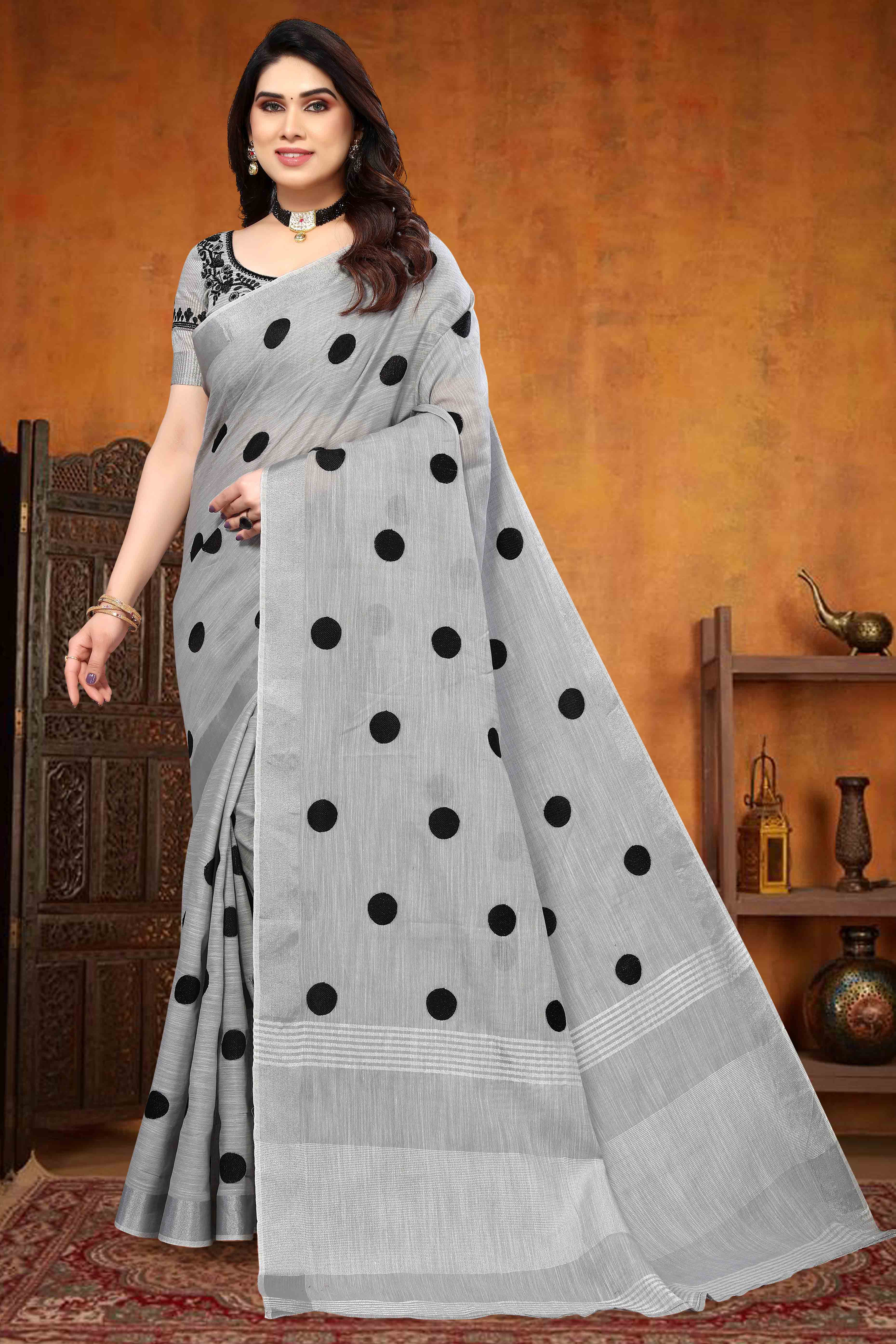 Grey Embroidered Linen Cotton Saree With Zari Border