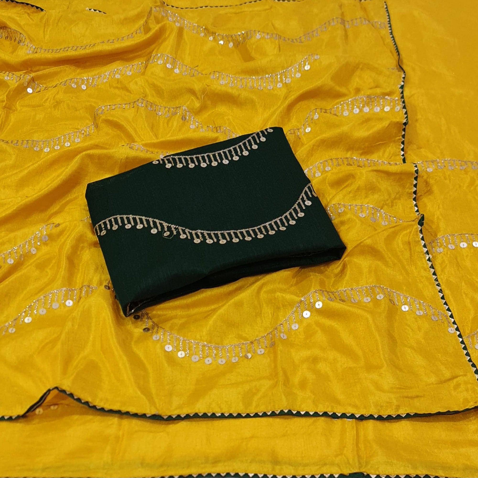 Yellow Sequins Embroidered Dola Silk Saree