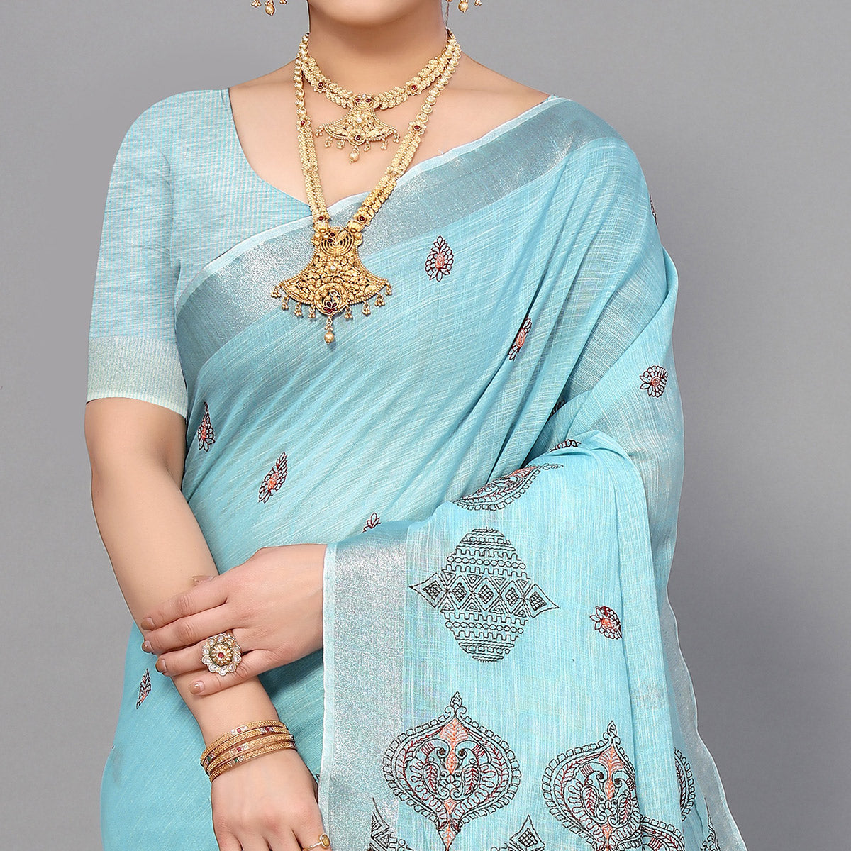 Blue Embroidered Cotton Silk Saree With Tassels