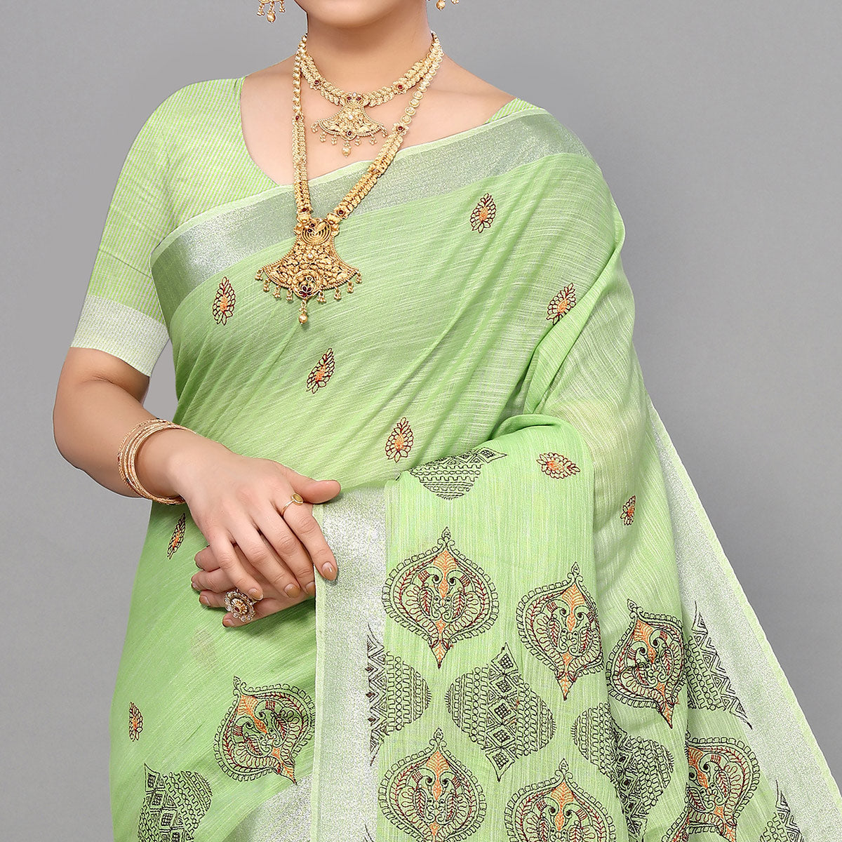 Green Embroidered Cotton Silk Saree With Tassels