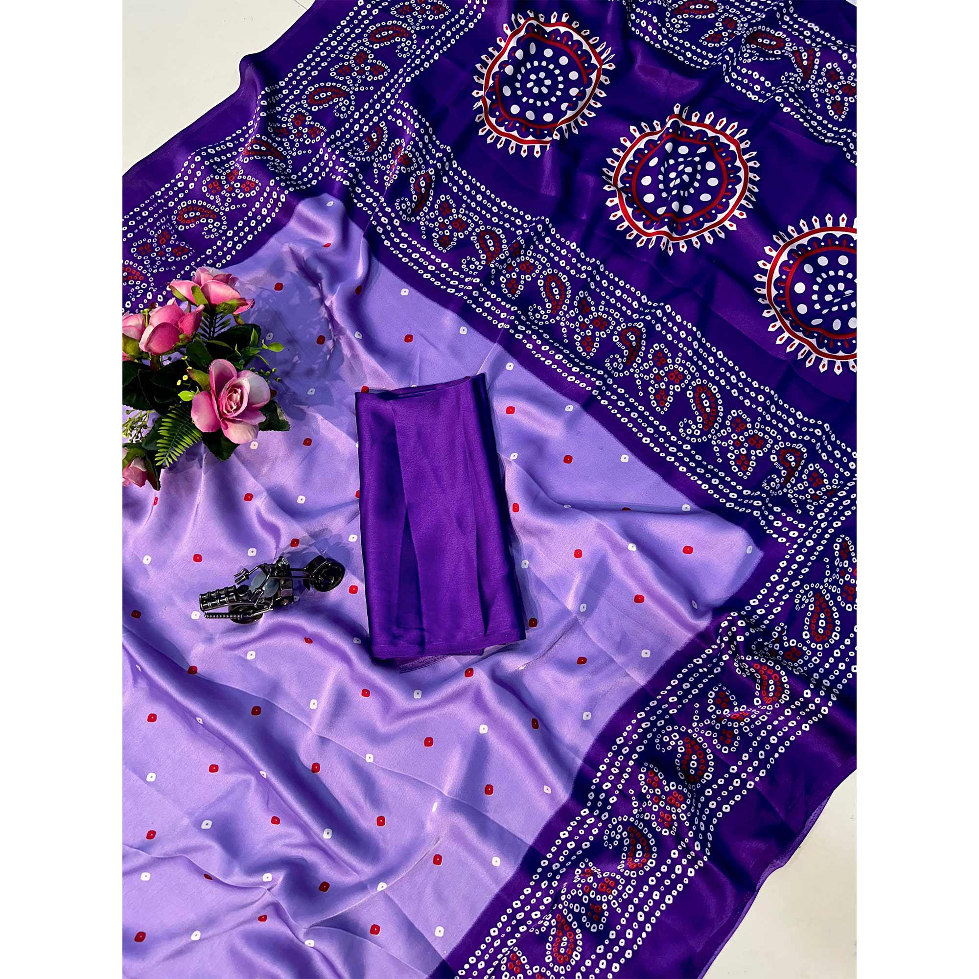 Lavender Satin Crepe Saree Showcasing Timeless Bandhani Print