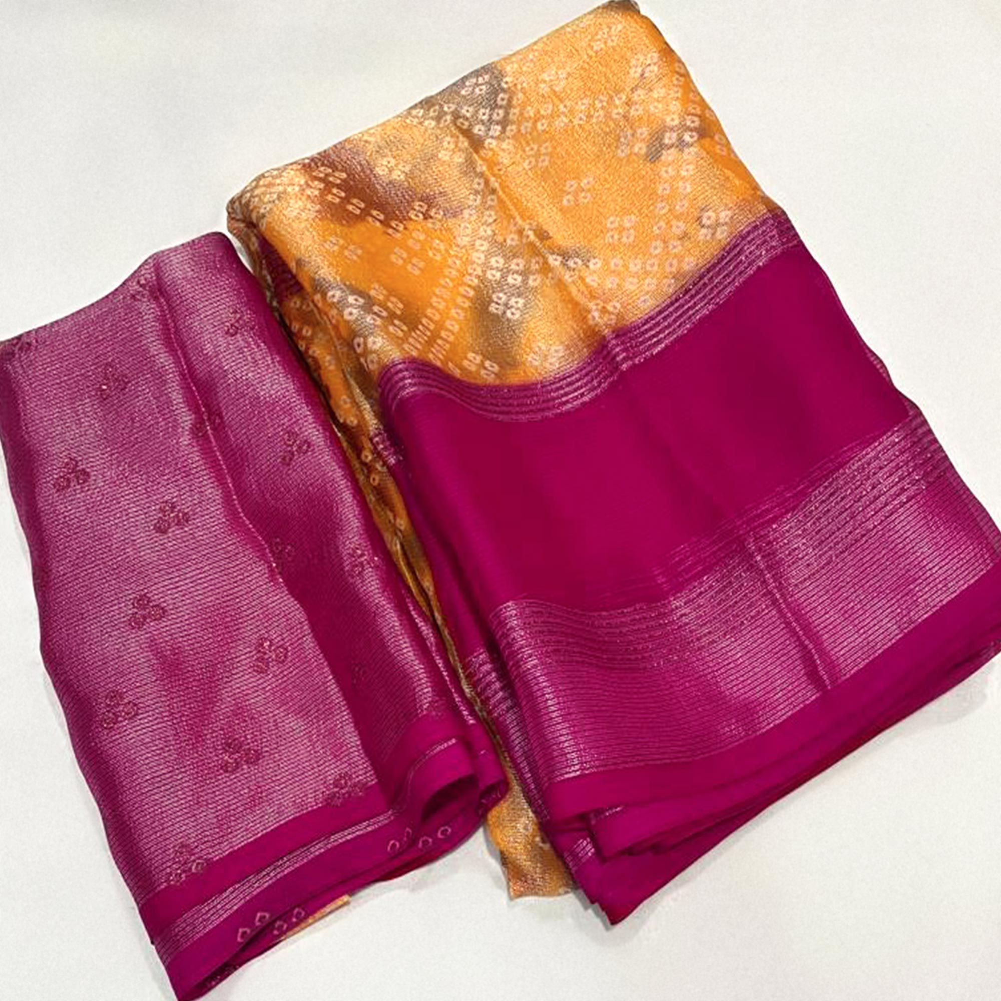 Orange Bandhani Printed Chiffon Saree With Zari Border
