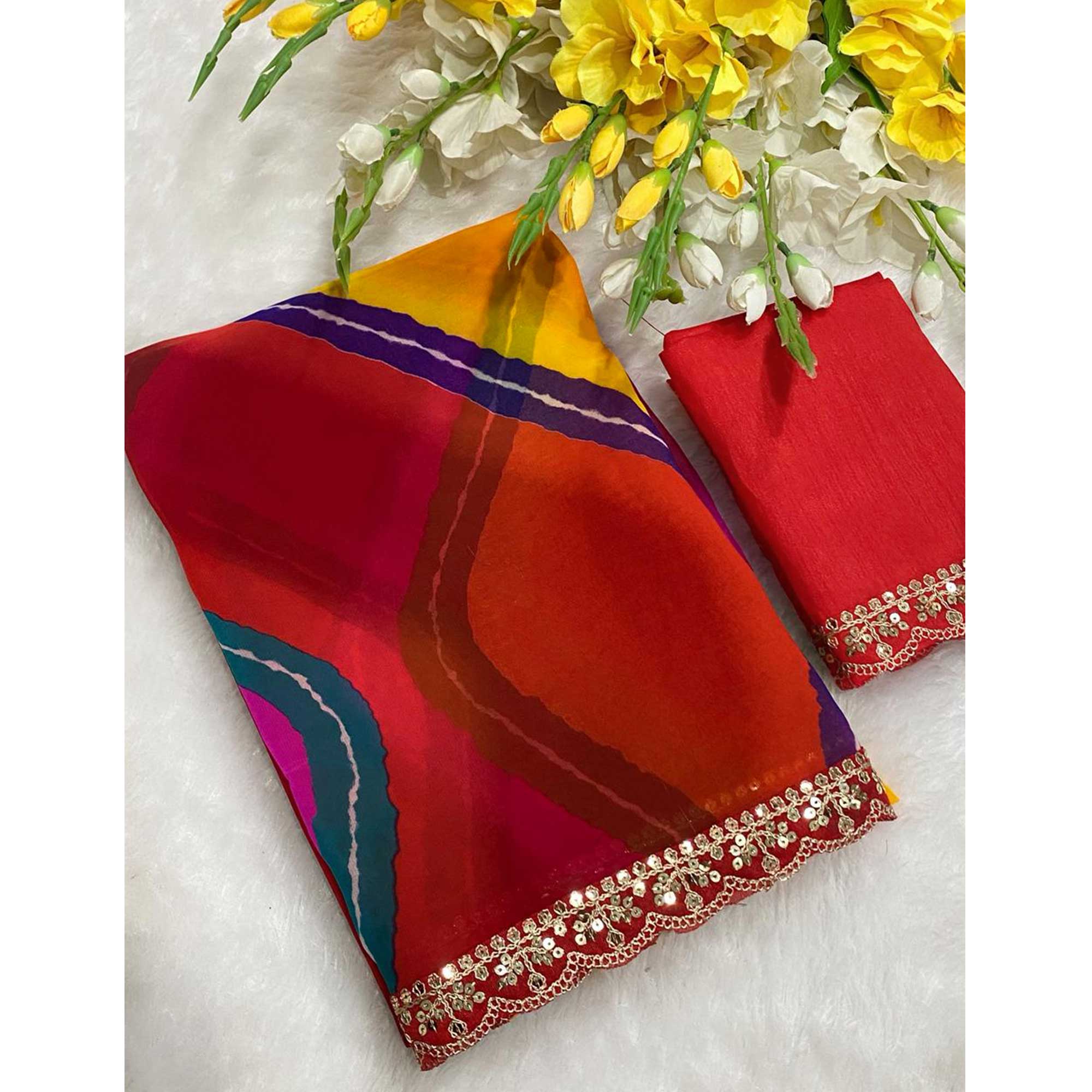 Multicolor Leheriya Print Saree in Flowing Georgette Fabric with Sequins Border Highlight