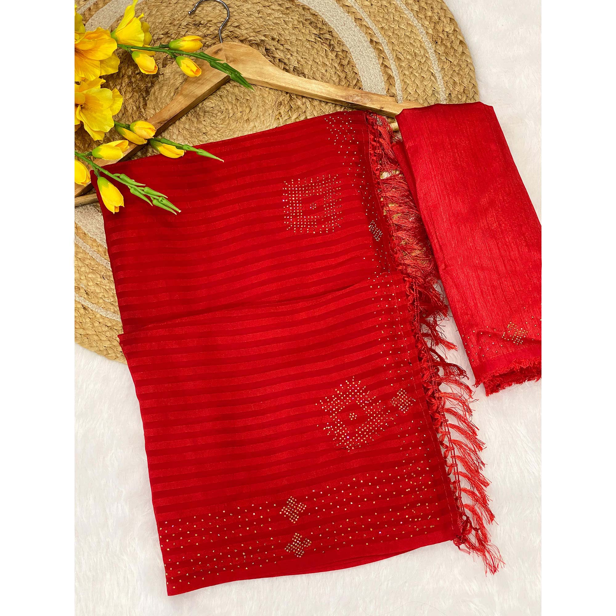 Red Lightweight Woven Chiffon Saree Enhanced with Swarovski Work