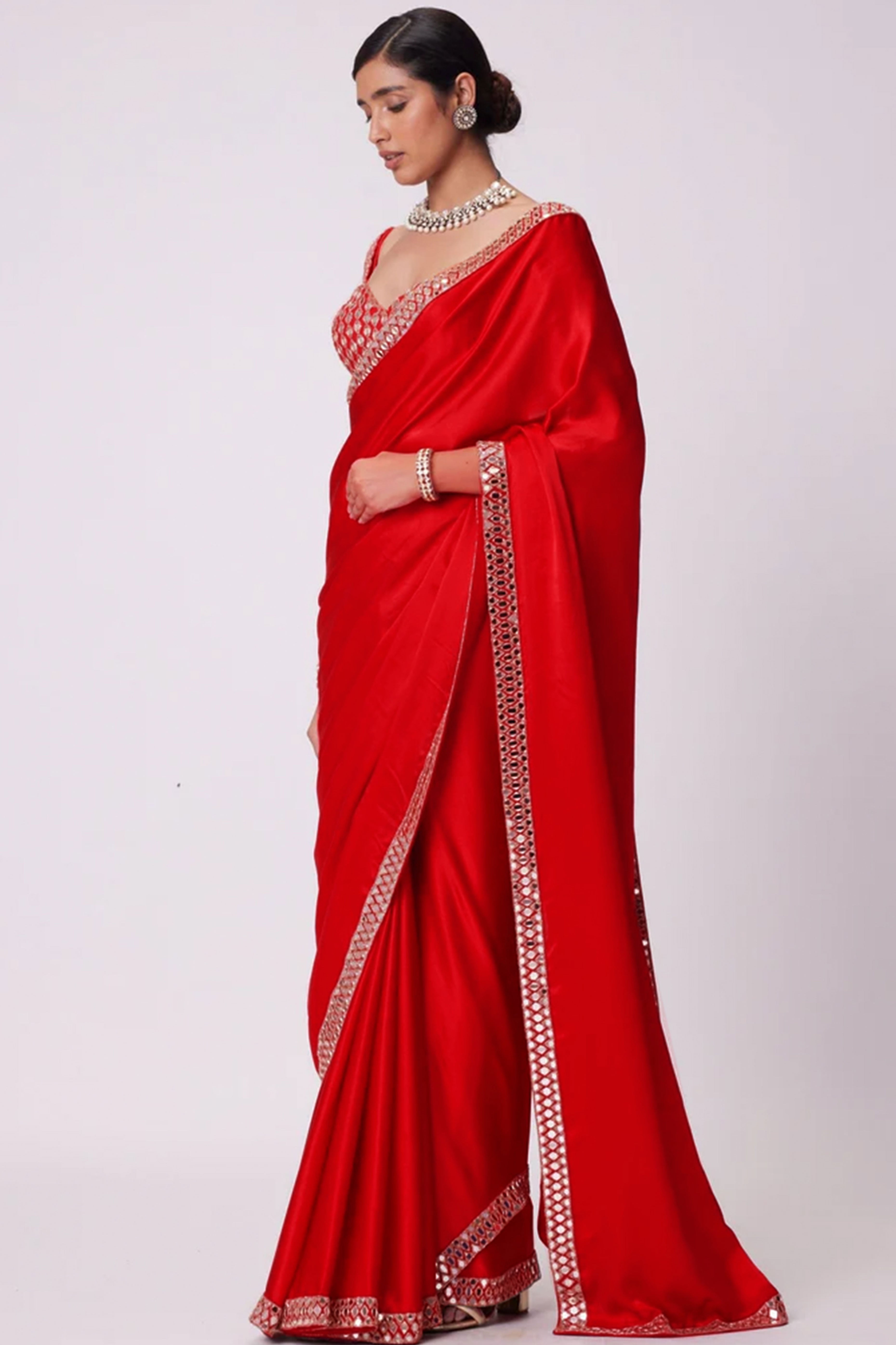 Crimson Red Mirror Embroidered Organza Saree