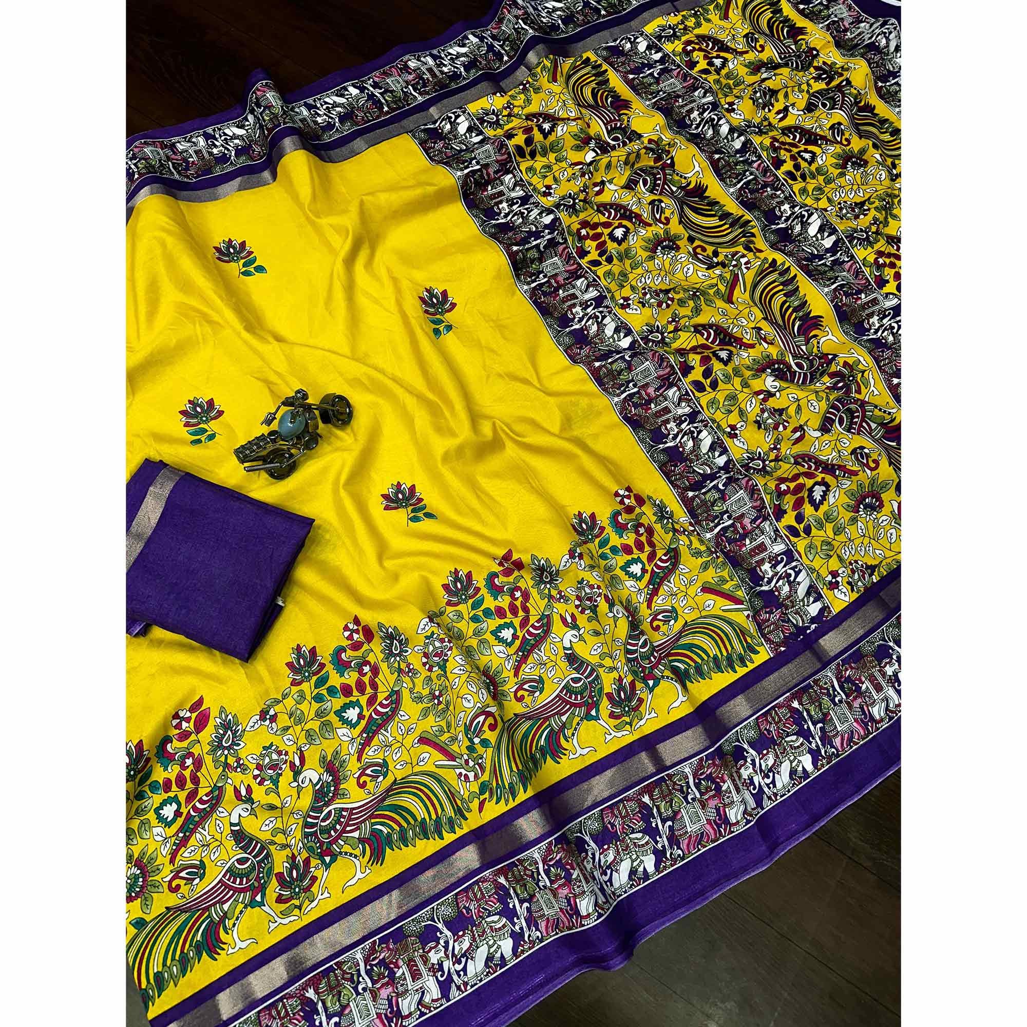 Yellow Kalamkari Printed Pure Mulmul Cotton Saree