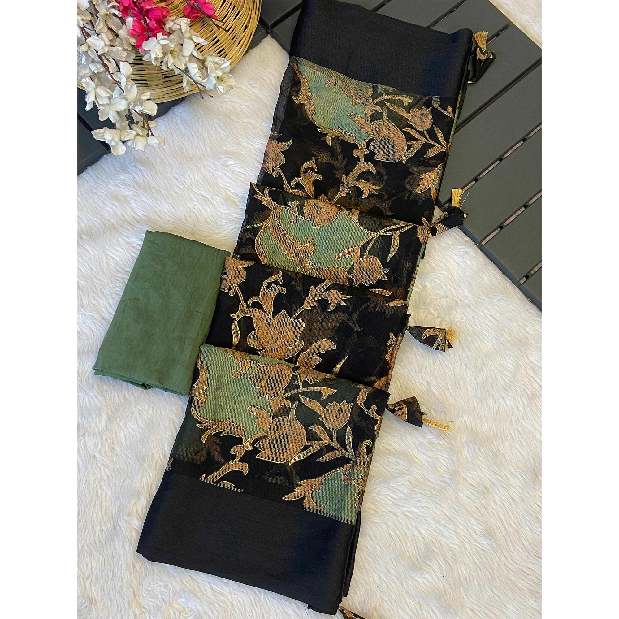 Black & Dark Green Foil Printed Brasso Saree for Party Wear