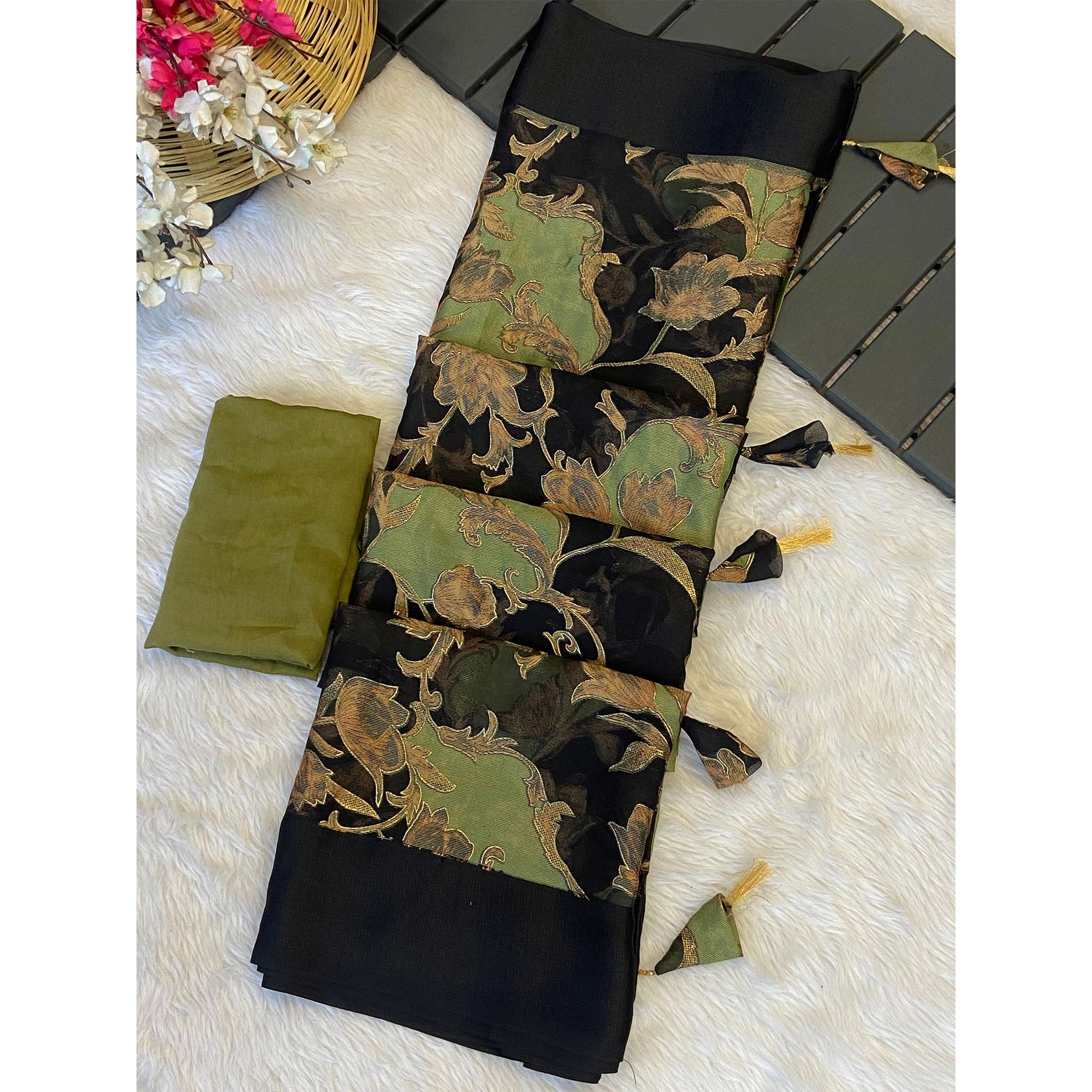 Black & Green Foil Printed Brasso Saree for Party Wear