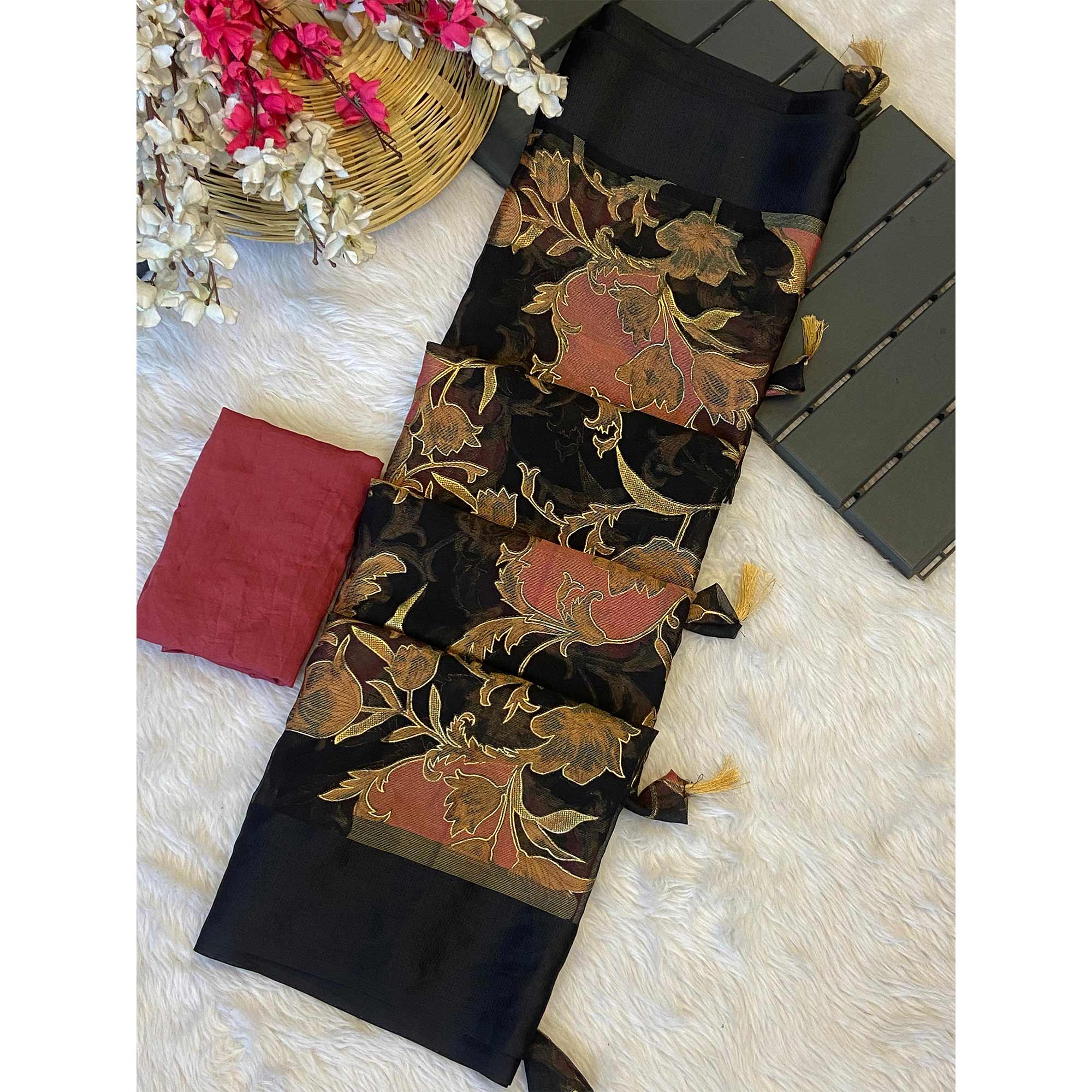 Black & Pink Foil Printed Brasso Saree for Party Wear