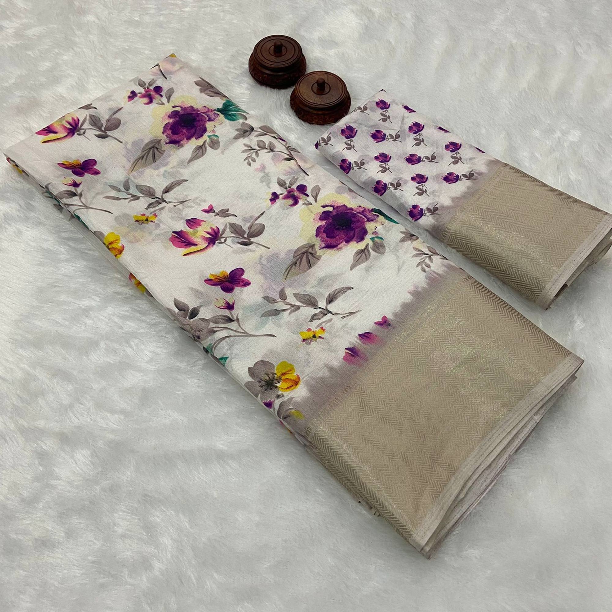 White & Purple Floral Printed Dola Silk Saree With Zari Border