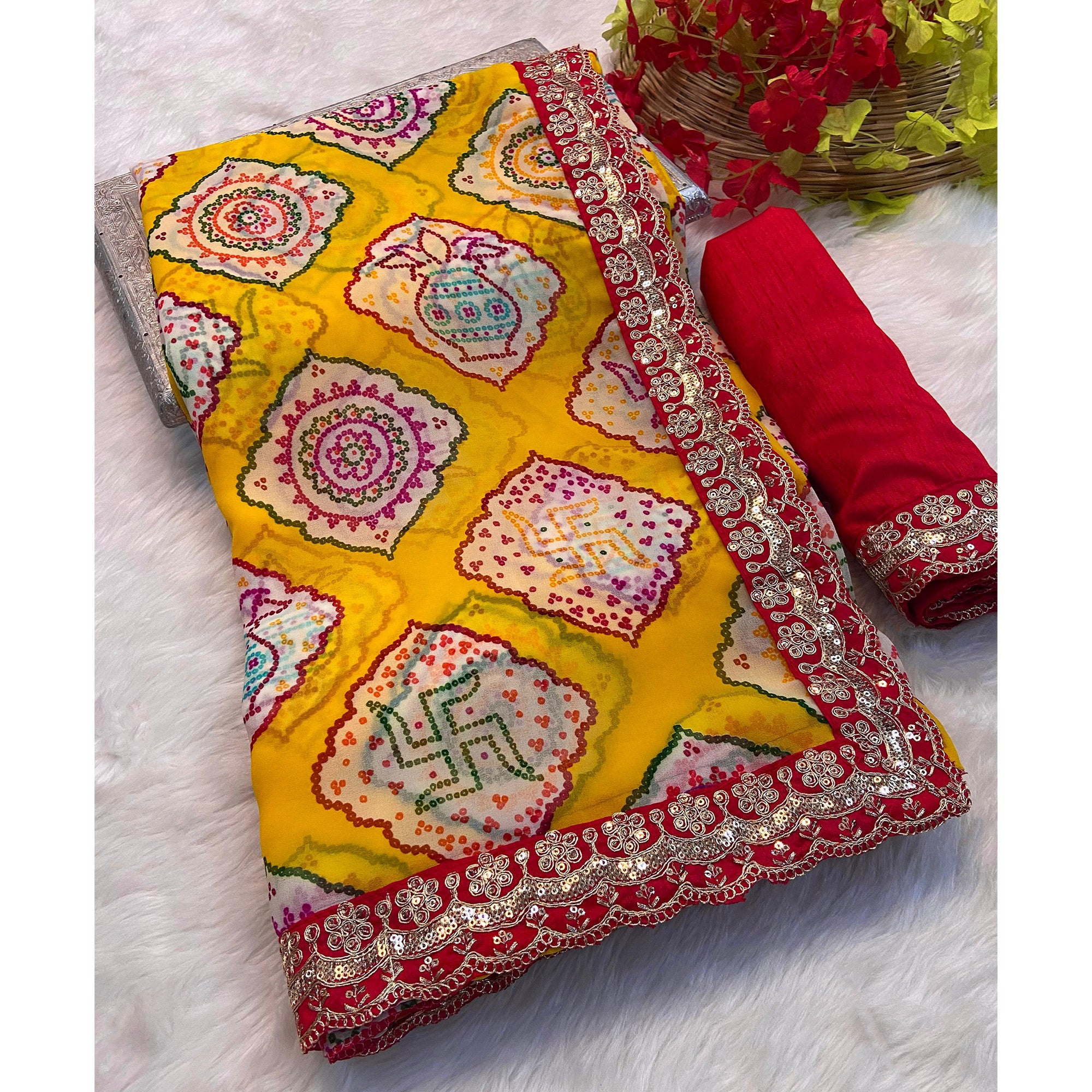 Yellow Bandhani Printed Georgette Saree With Sequins Embroidered Border