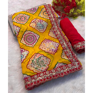 Yellow Bandhani Printed Georgette Saree With Sequins Embroidered Border