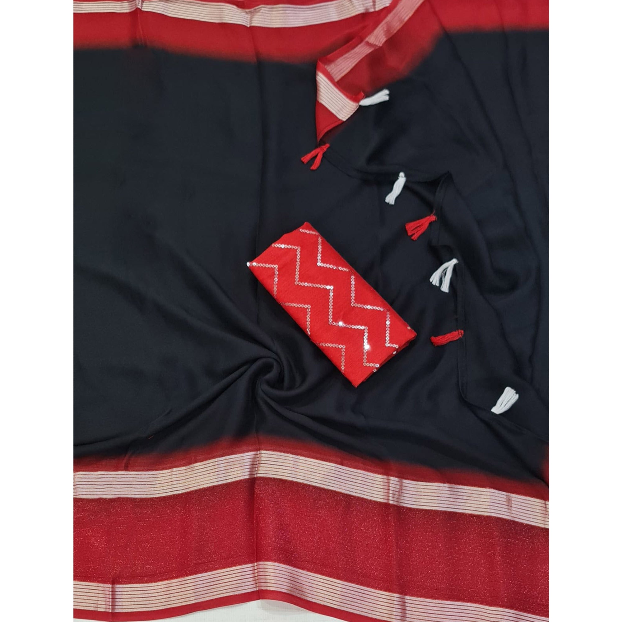 Black Woven Chiffon Saree With Tassels