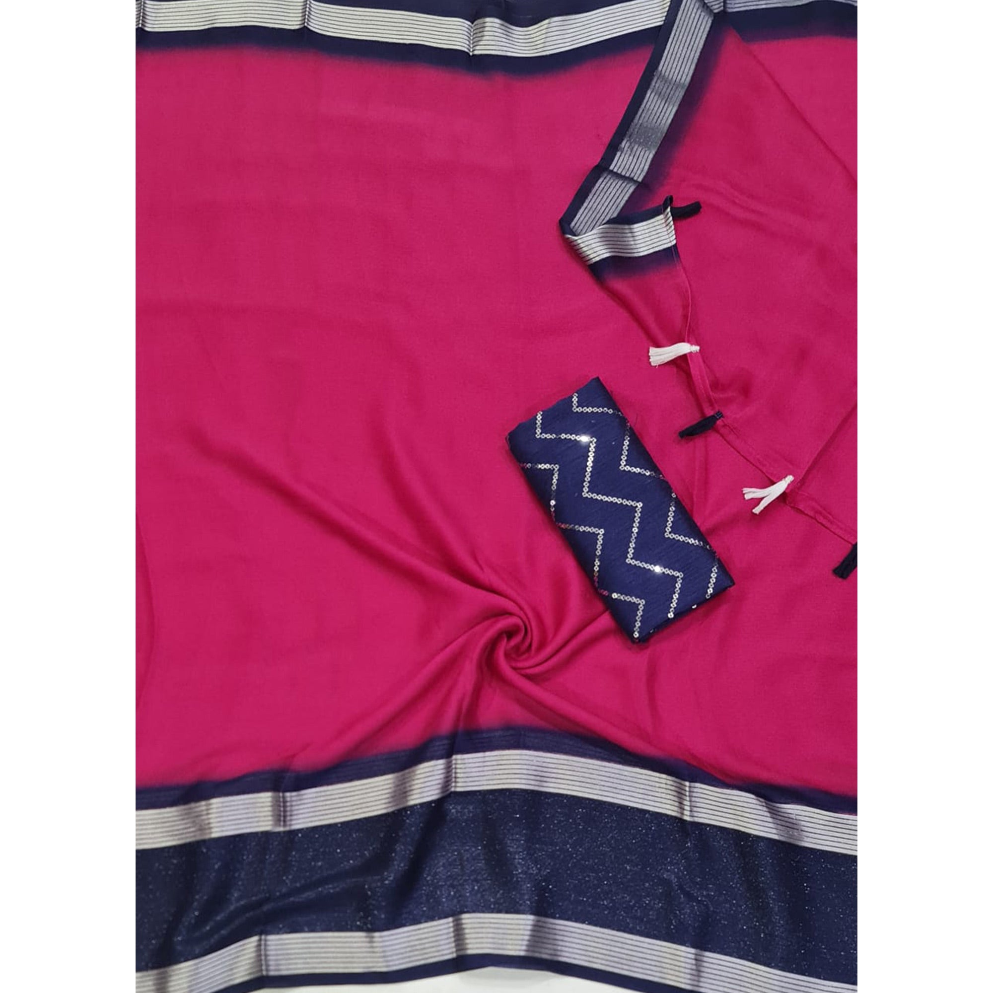 Rani Pink Woven Chiffon Saree With Tassels