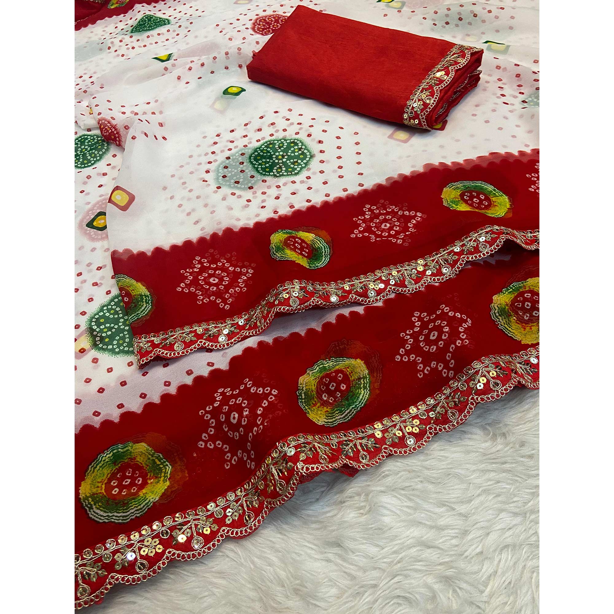 White & Red Bandhani Printed Georgette Saree