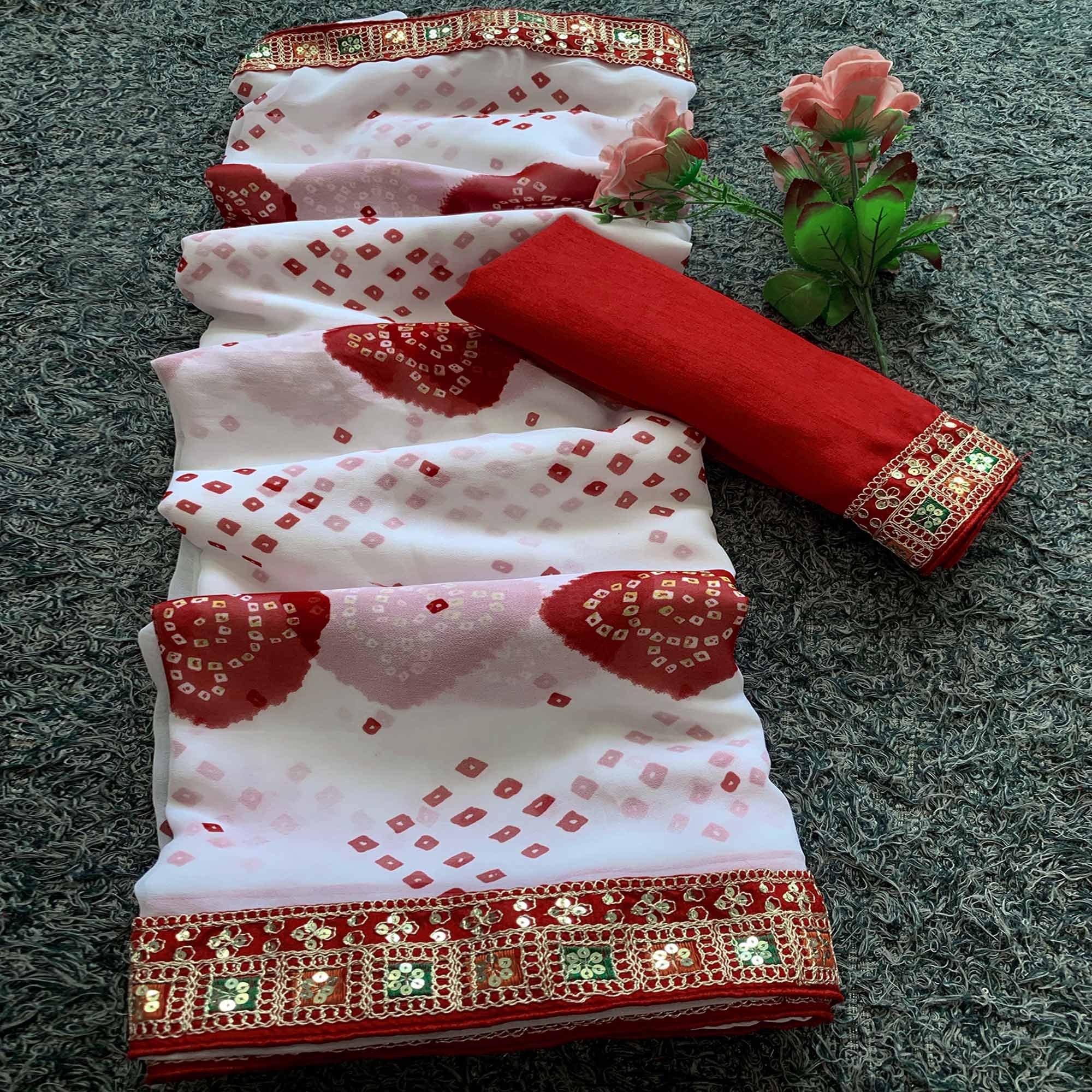 White & Red Bandhani Printed With Sequins Embroidered Georgette Saree