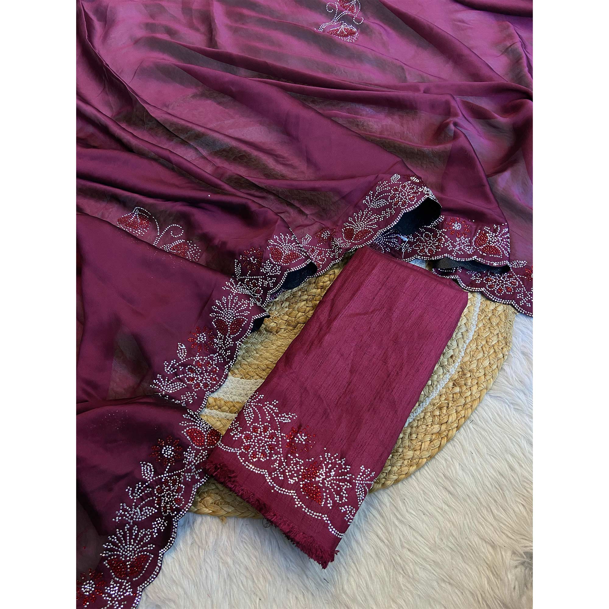 Wine Floral Swarovski Work Rangoli Art Silk Saree