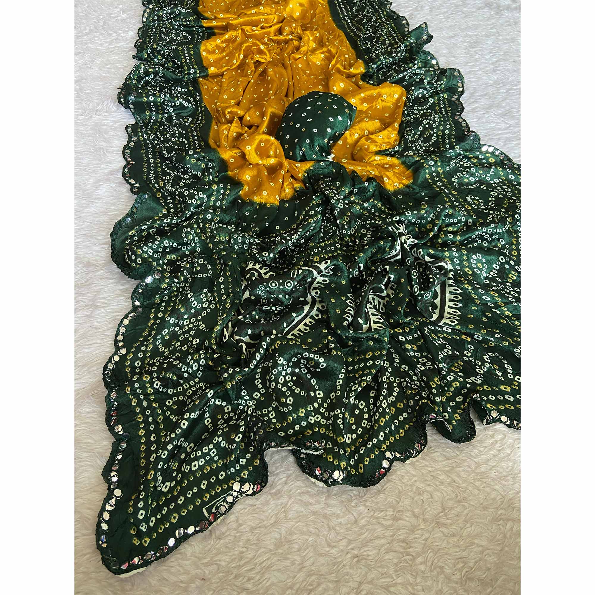 Mustard Moss Chiffon Saree Featuring Classic Bandhani Print for a Timeless Look