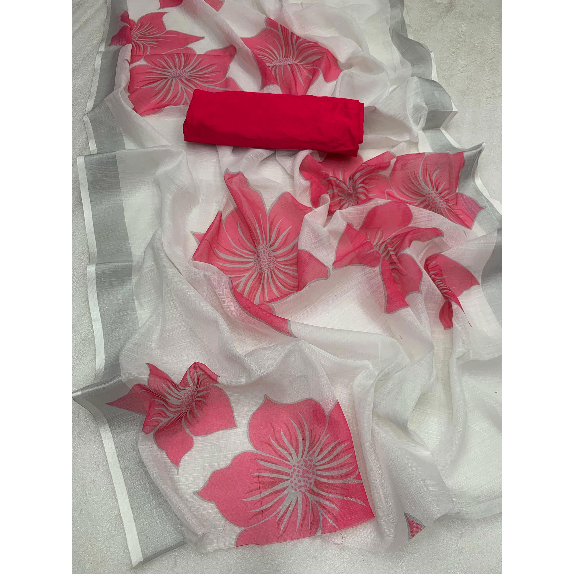 White & Pink Digital Floral Printed Linen Saree